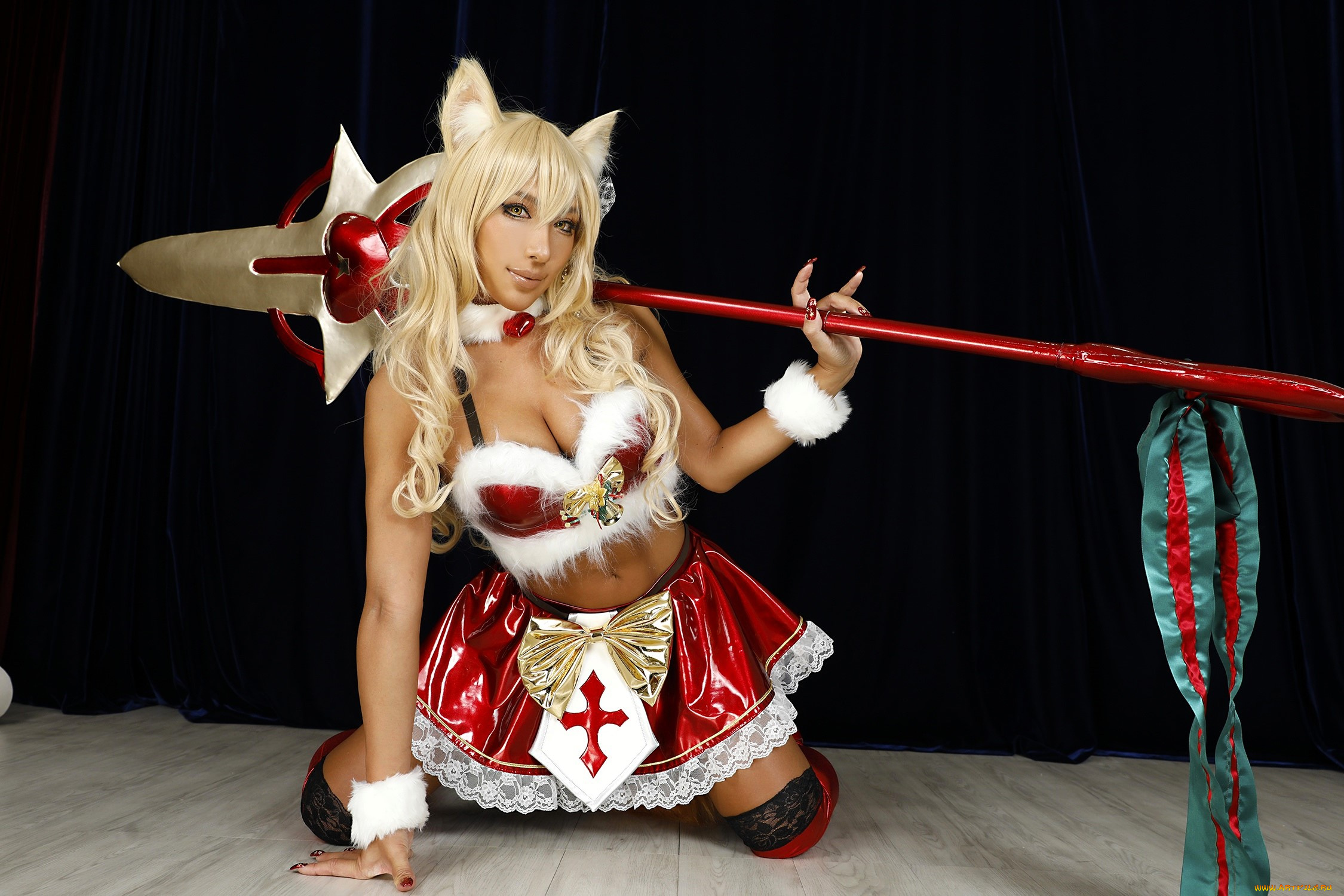 девушки, nonsummerjack, образ, костюм, наряд, косплей, ушки, хвост, каблуки, посох