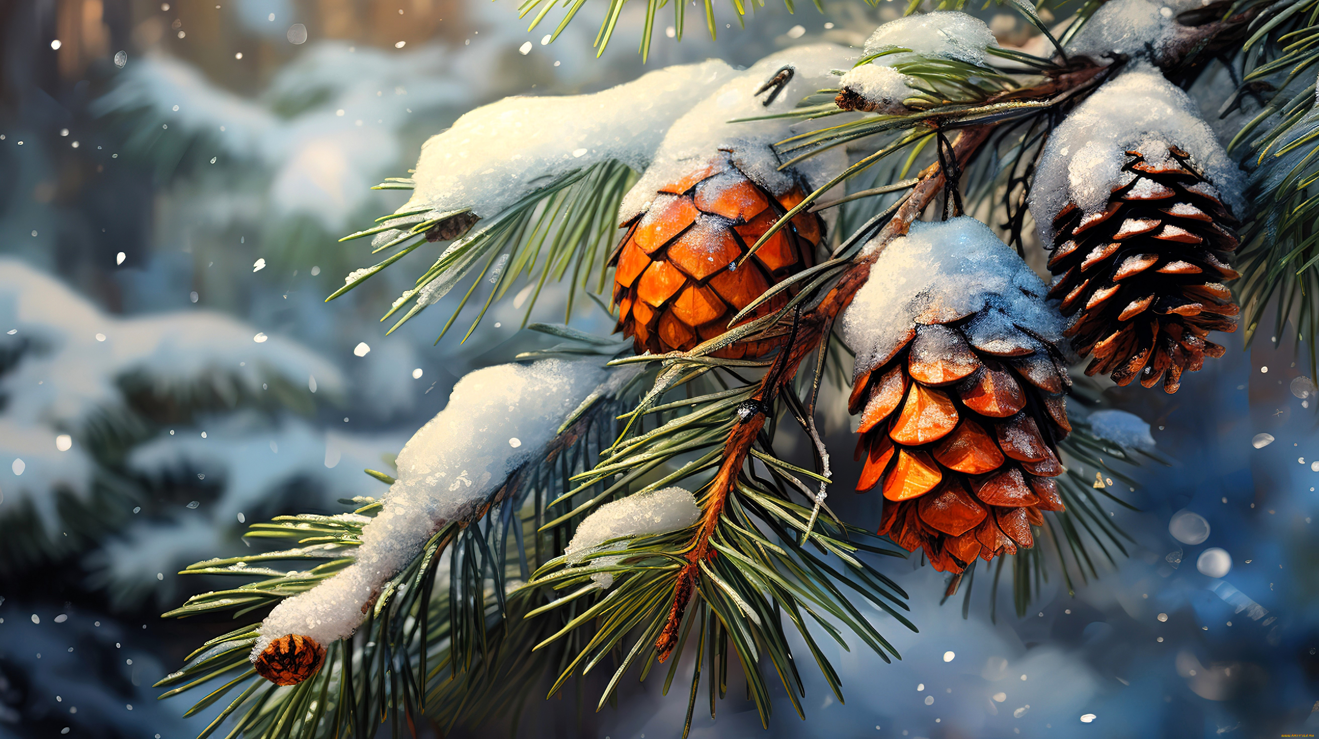 рисованное, природа, дерево, ветки, снег, зима, шишки