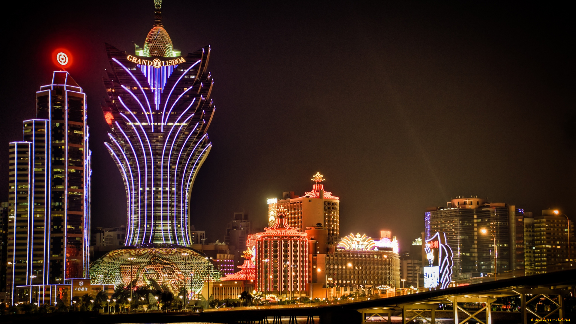 macau, china, города, огни, ночного