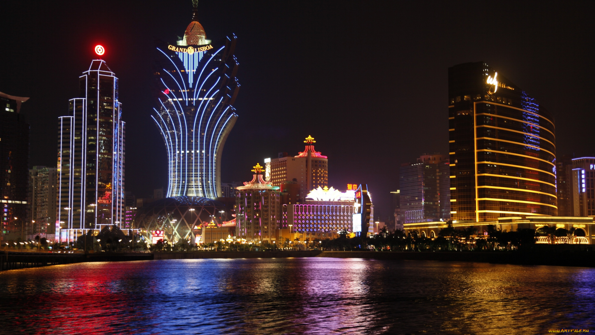 macau, waterfront, at, night, города, огни, ночного