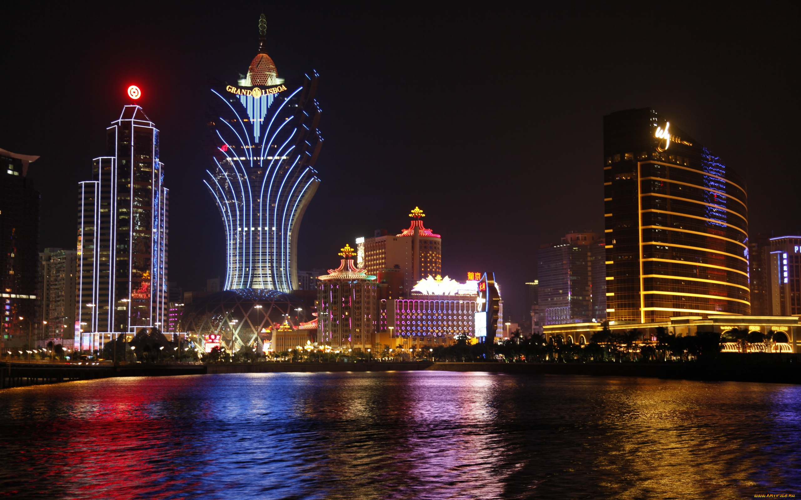 macau, waterfront, at, night, города, огни, ночного