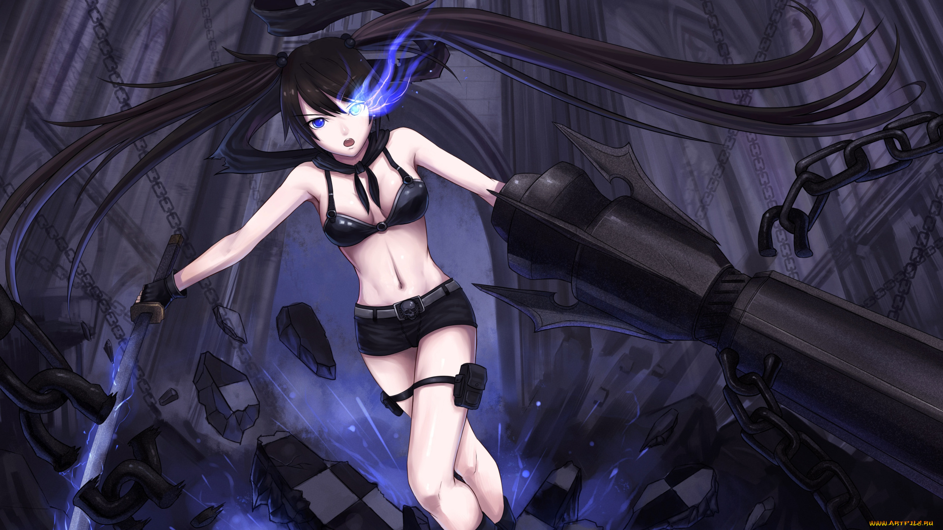 аниме, black, rock, shooter, камни, цепи, девушка