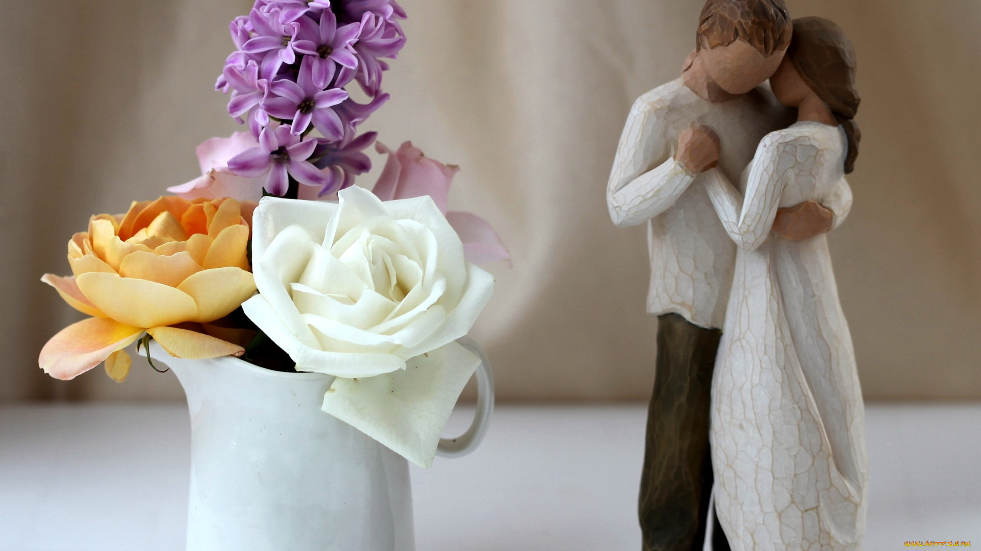 цветы, букеты, композиции, гиацинт, розы, фигурки, танец, пара, влюбленные