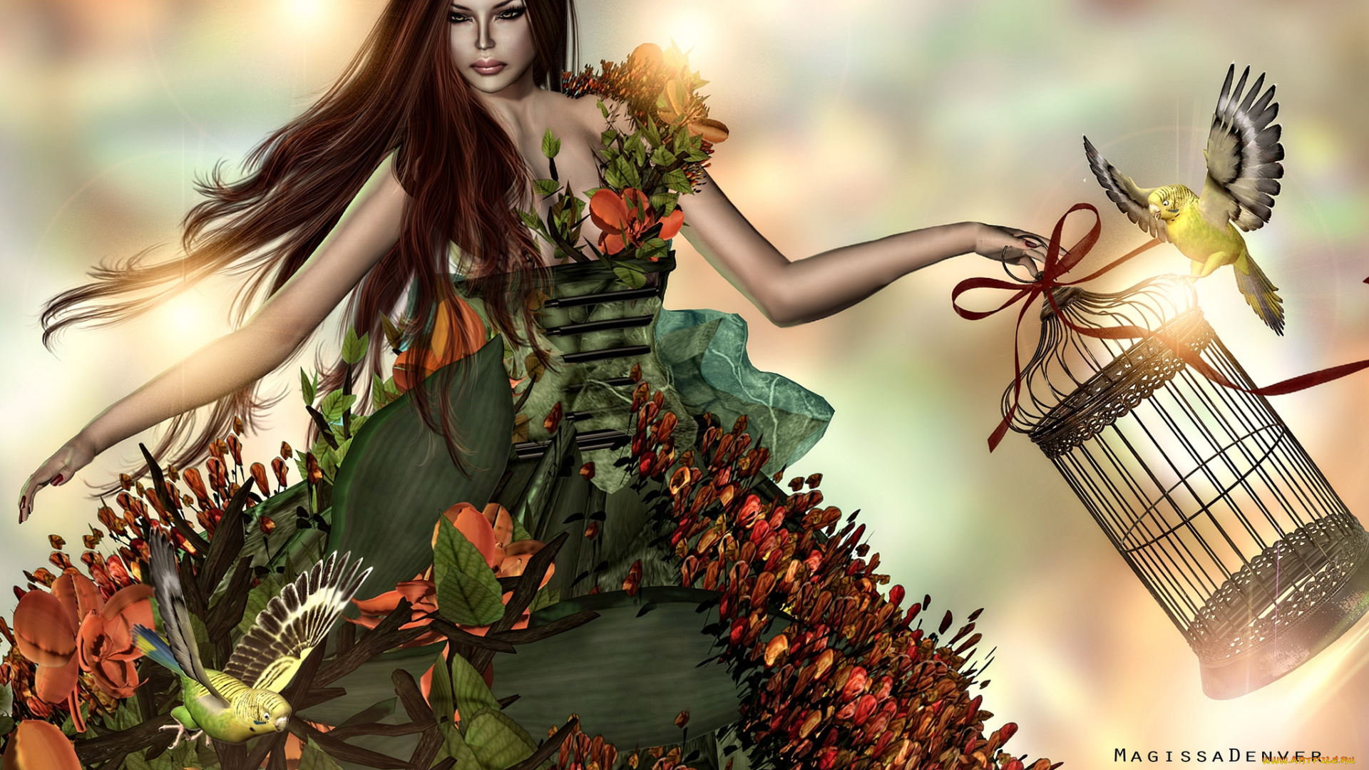 3д, графика, people, люди, девушка, клетка, попугаи, платье