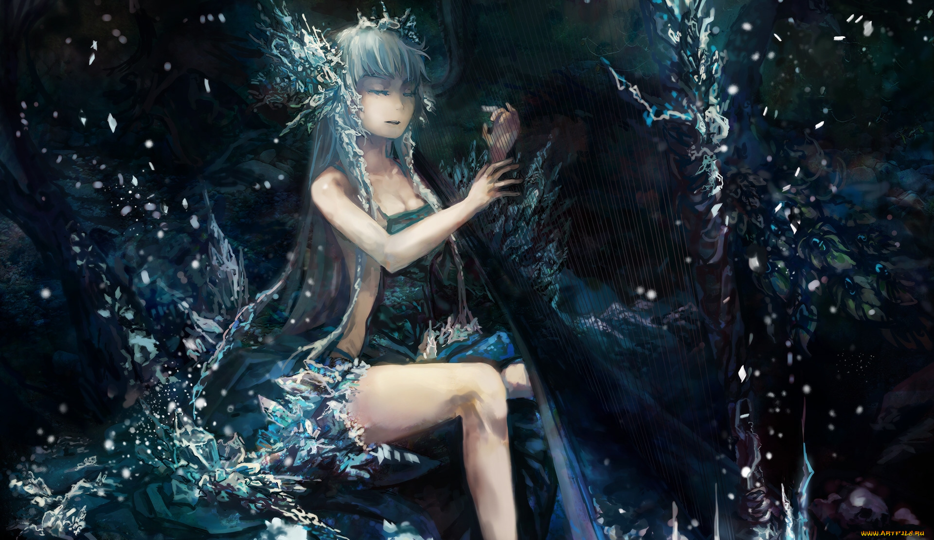 аниме, музыка, другое, арфа, tsunoh, pixiv, girls, collection, девушка, мелодия, цветы, кристалл, брызги, вода