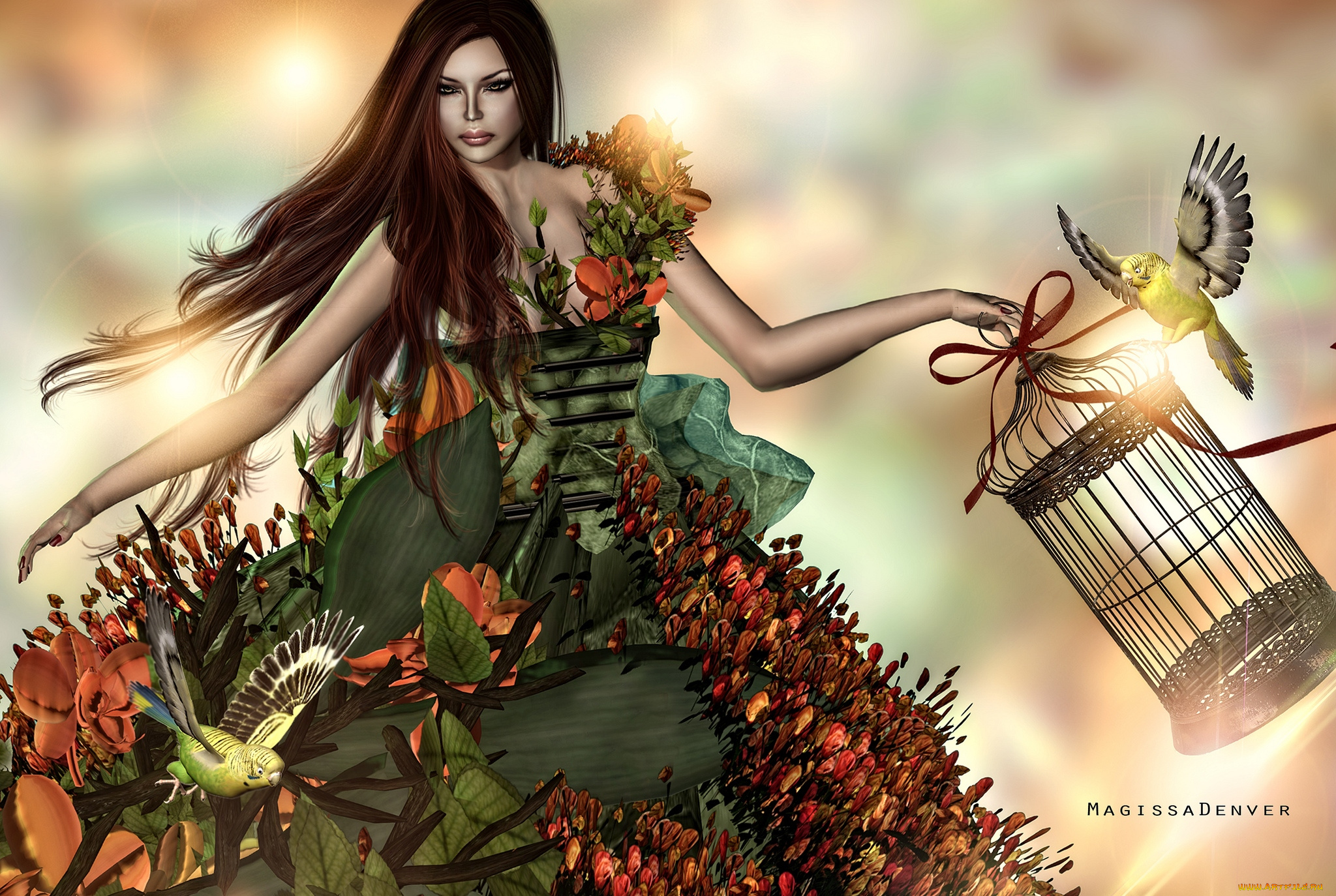 3д, графика, people, люди, девушка, клетка, попугаи, платье