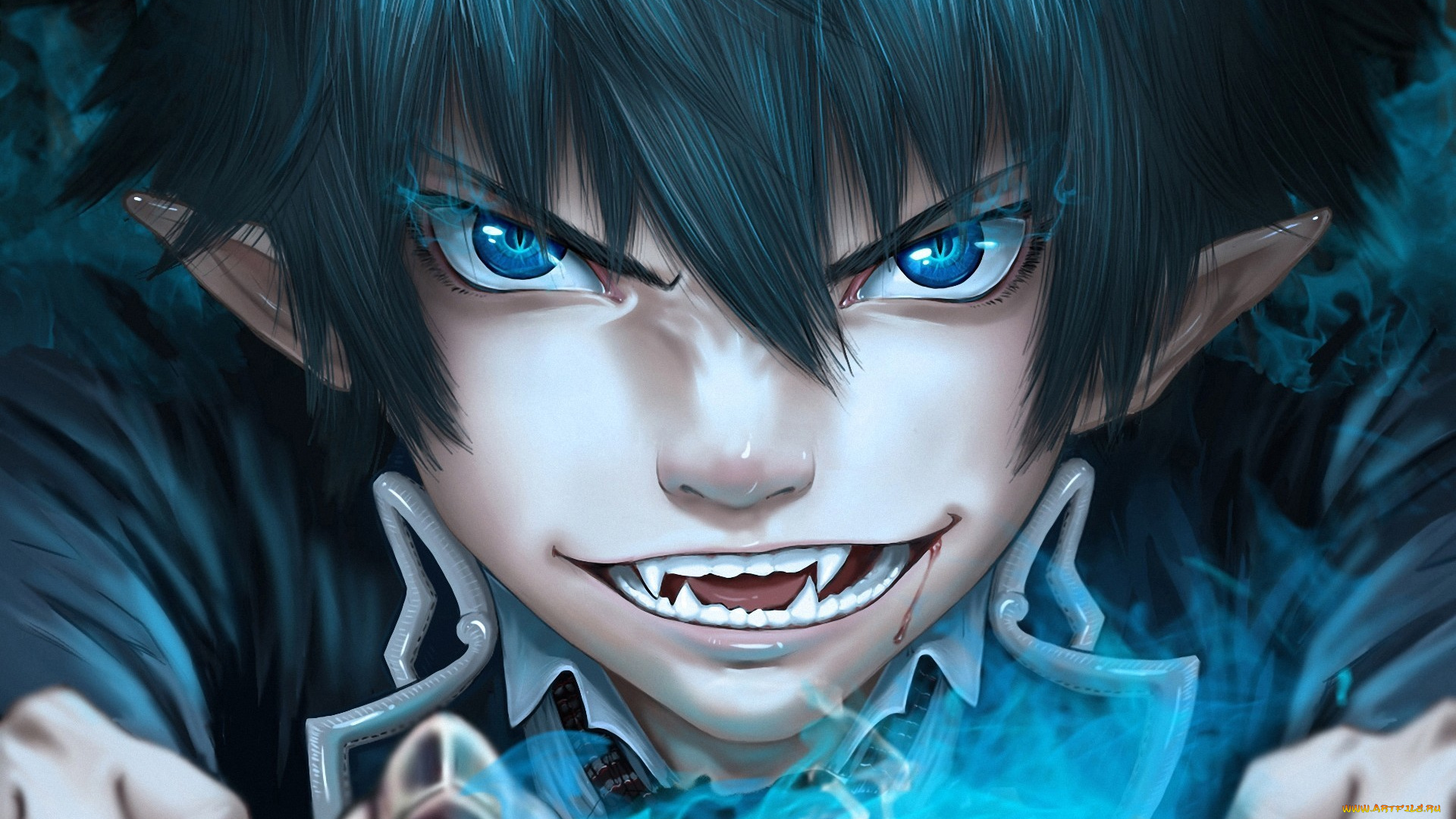 аниме, ao, no, exorcist, меч, weibo, monkey, арт, ao, no, exorcist, клыки, парень, okumura, rin, свечение