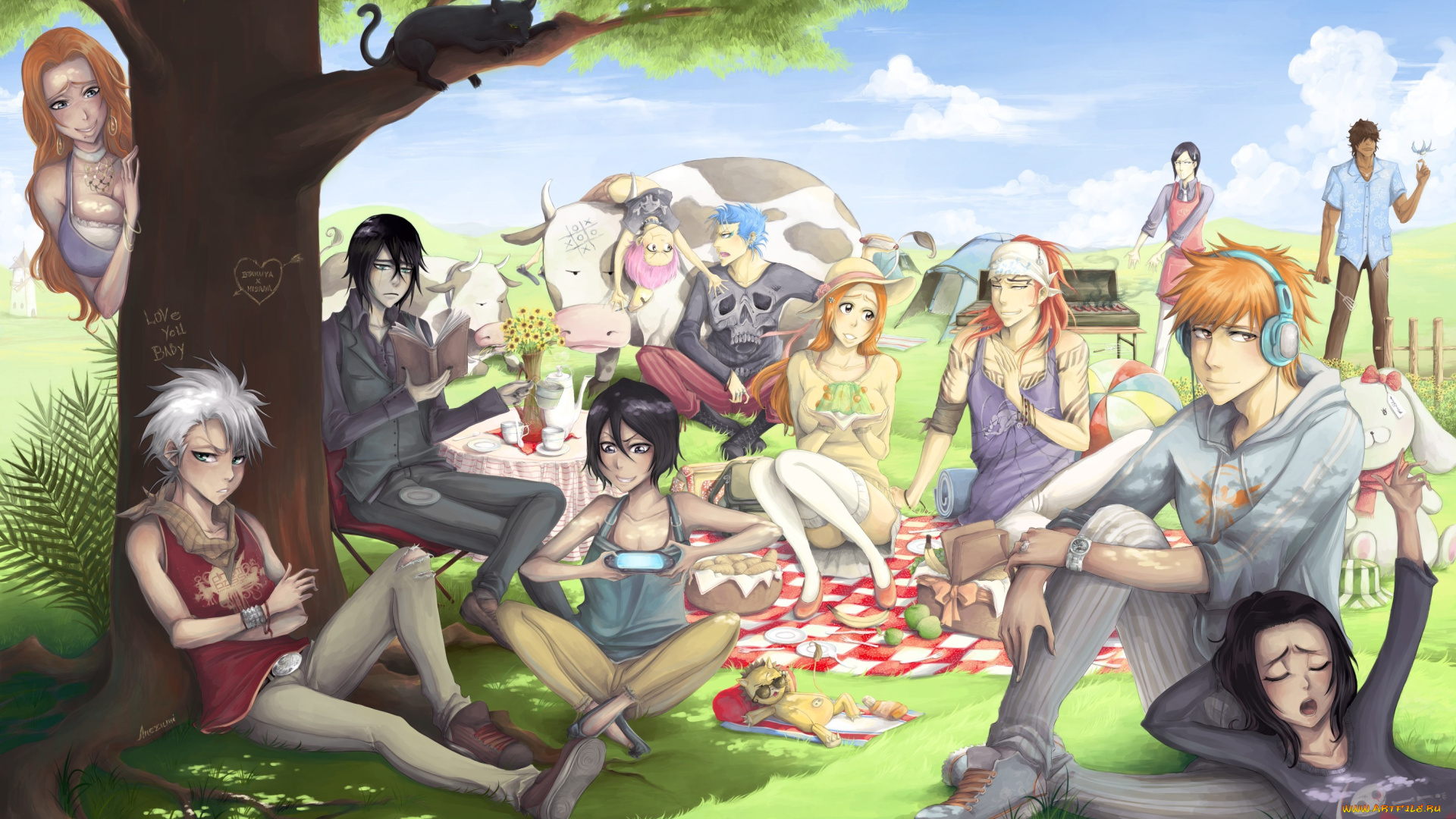 аниме, bleach, блич, персонажи, арт, пикник, парни, девушки, ичиго, улькиорра