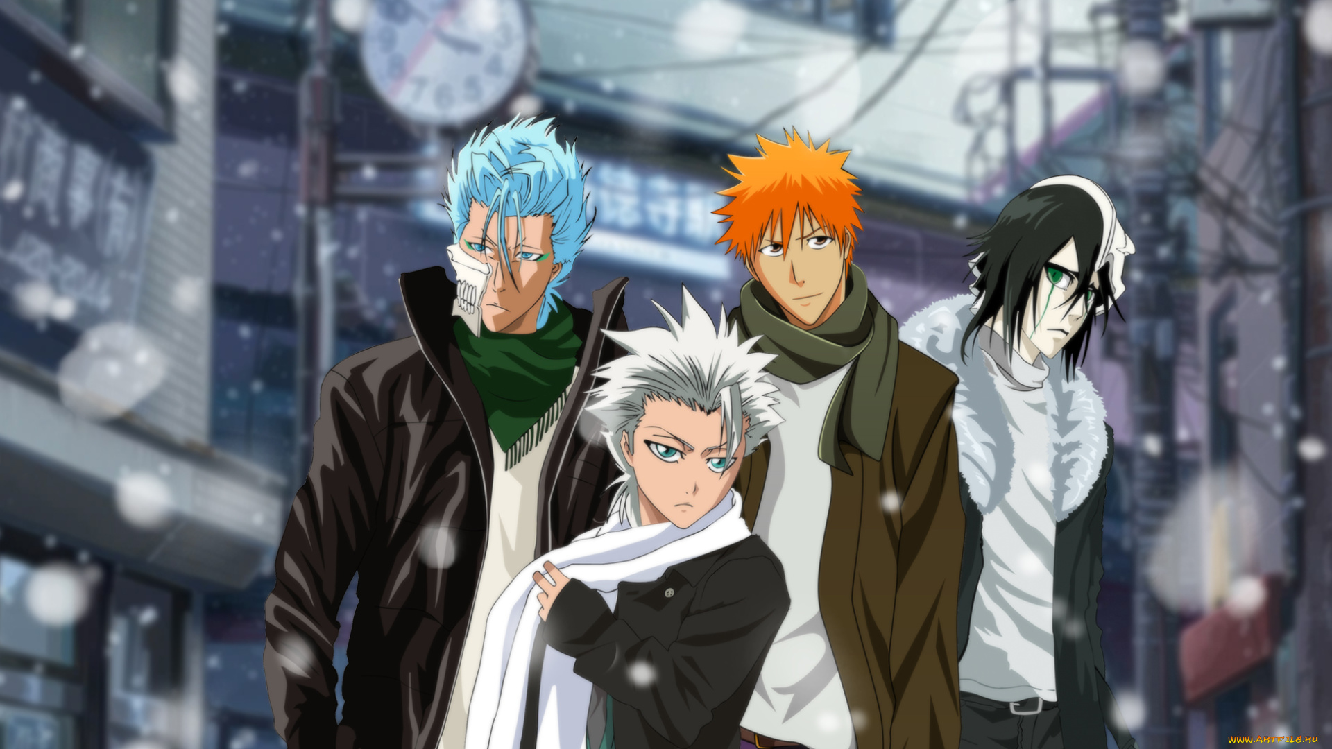 аниме, bleach, гримджоу, аранкары, улькиорра, ичиго, тоуширо, часы, блич, шинигами, персонажи, парни, улица