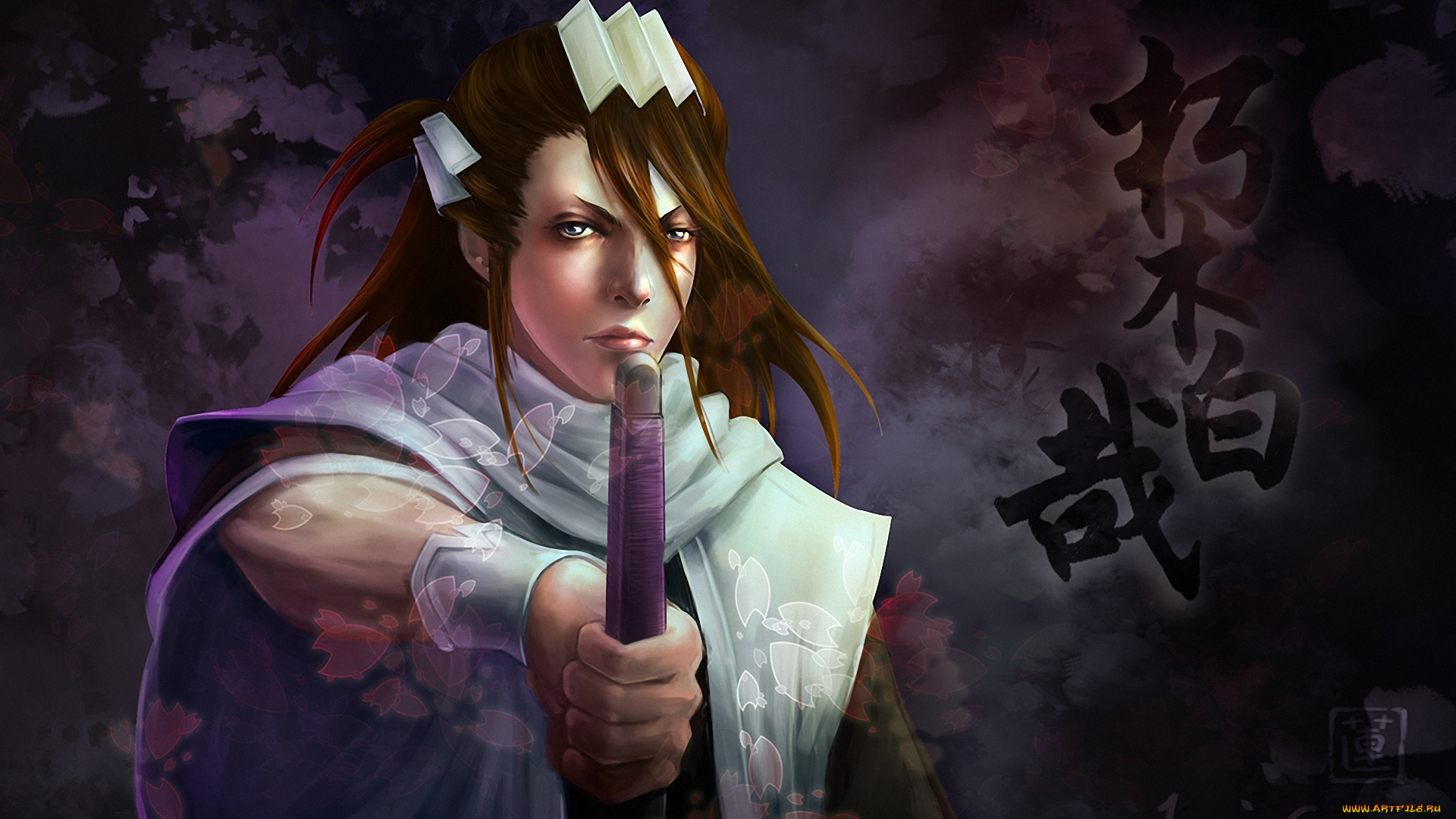 аниме, bleach, иероглифы, взгляд, парень, брюнет, блич, арт, капитан, кучики