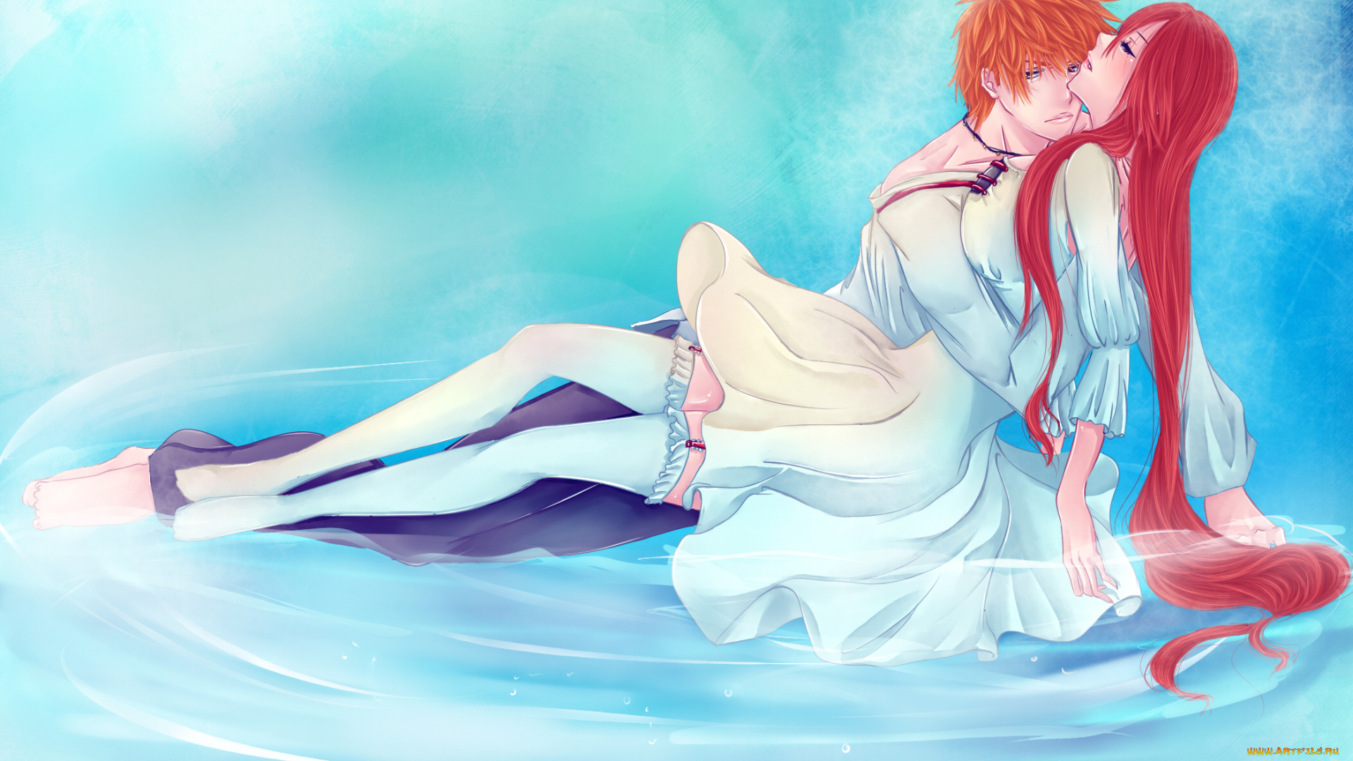 аниме, bleach, парень, куросаки, орихиме, блич, ичиго, девушка, вода, арт, нежность