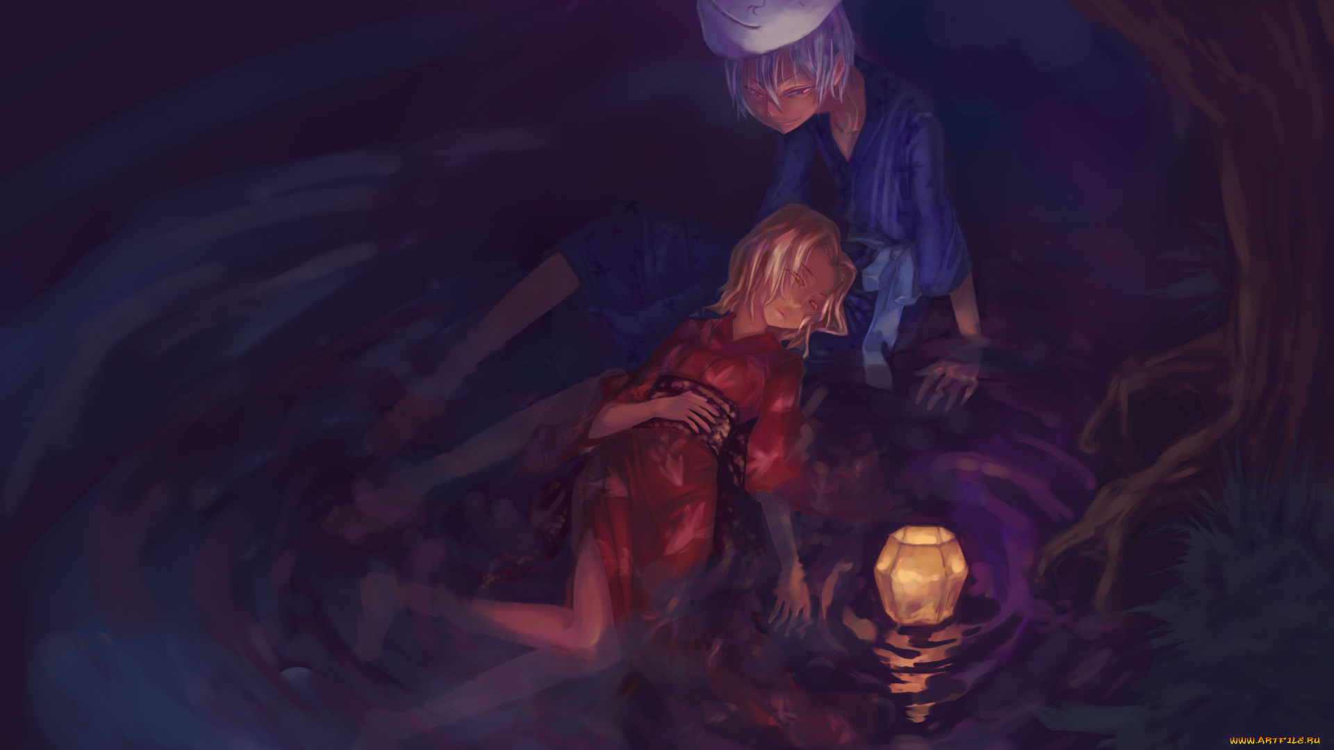 аниме, bleach, вода, ичимару, гин, маска, ночь, фонарик, рангику, мальчик, арт, блич, девочка