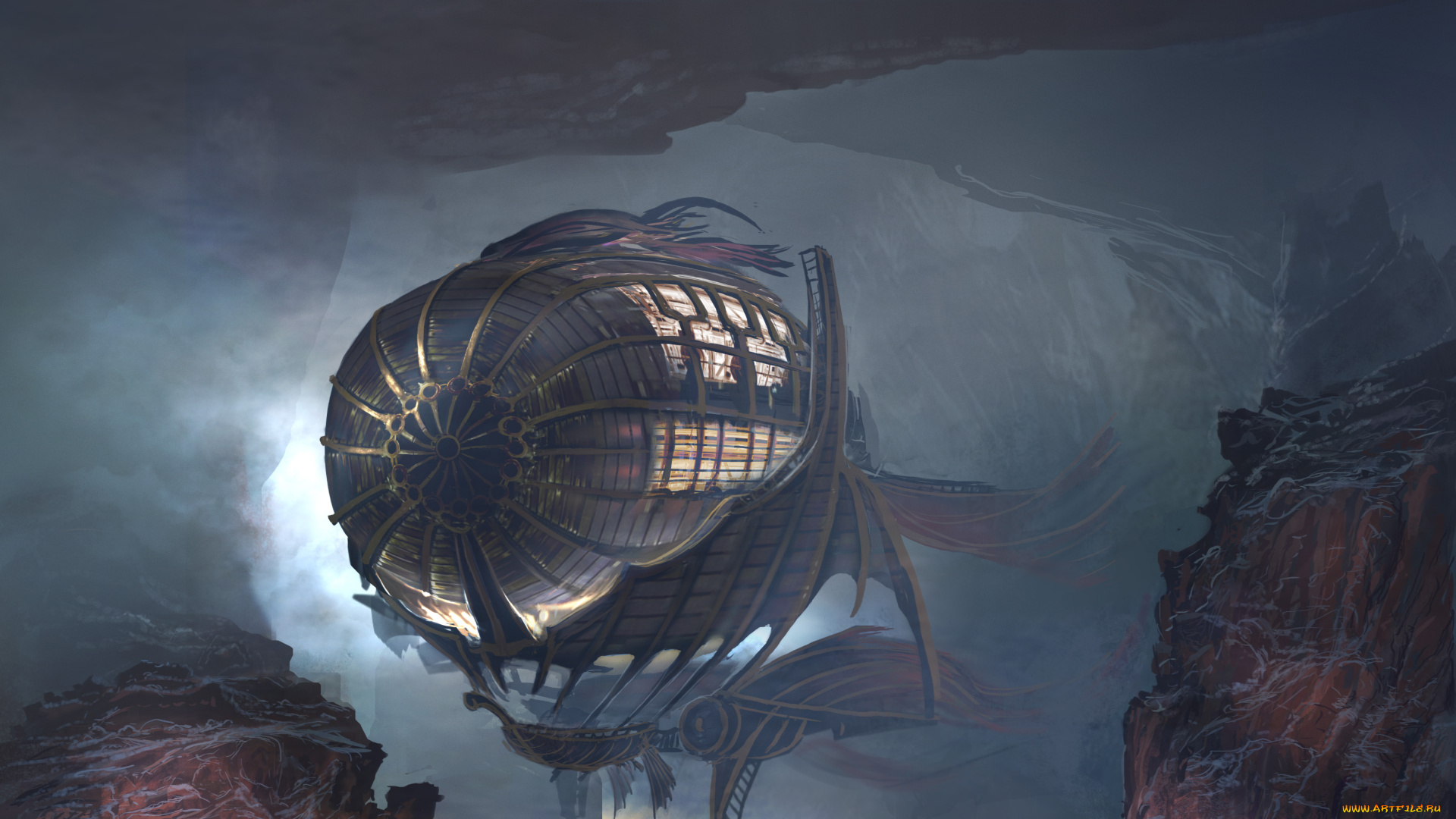 фэнтези, -временный, , не, выбирать, скалы, каньон, дирижабль, иной, мир