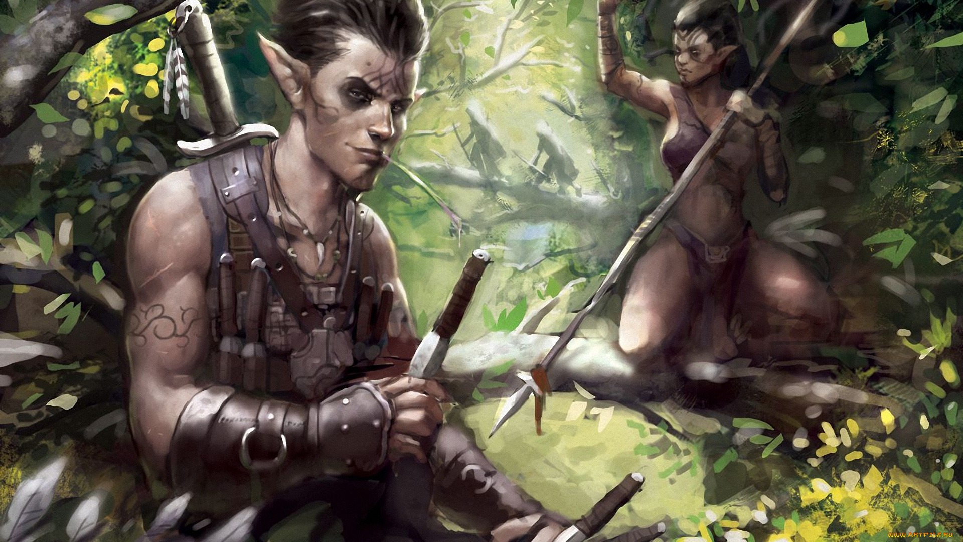 фэнтези, эльфы, эльф, ножи, деревья, листья, ветви, лес, копьё