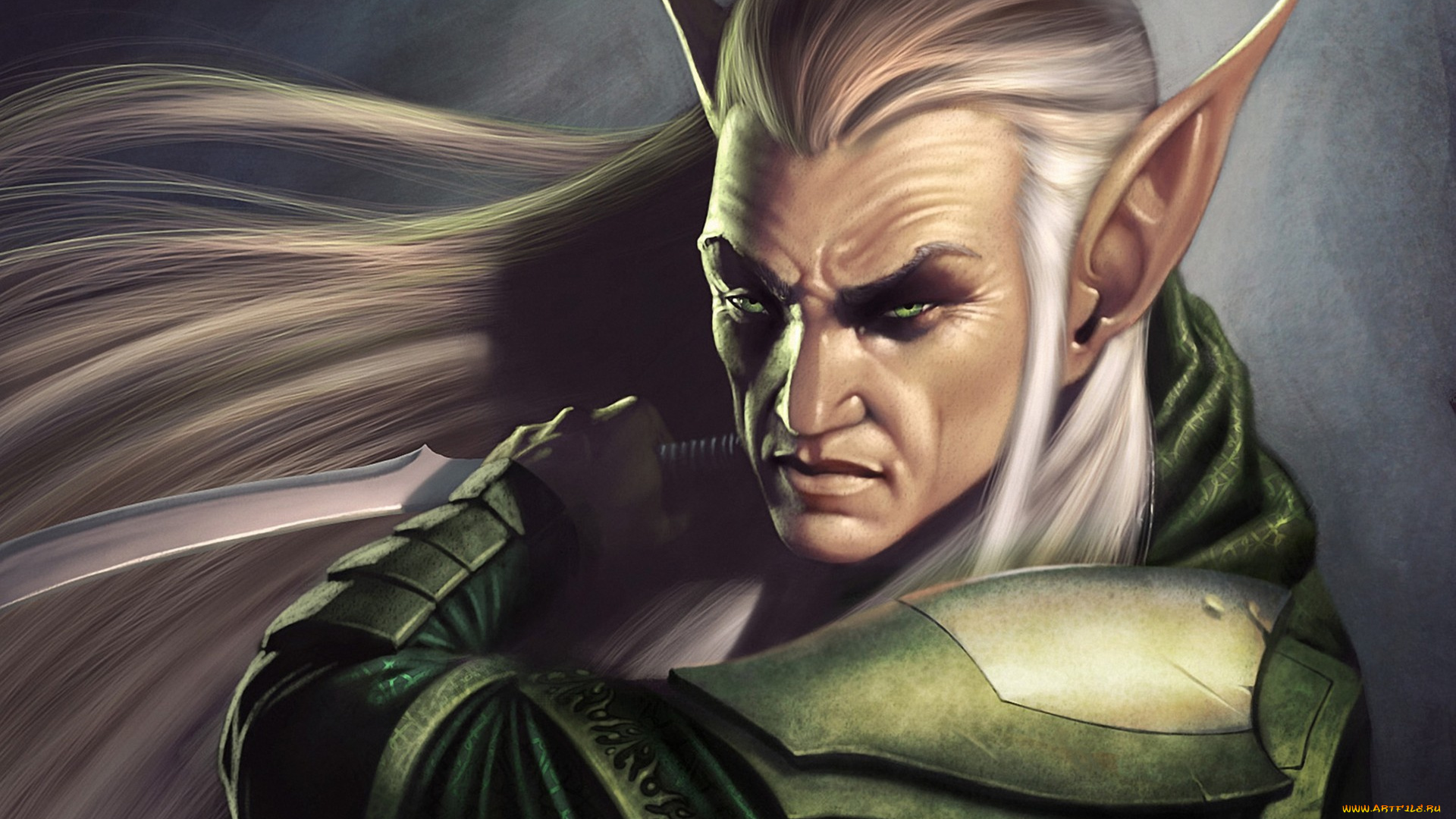 фэнтези, эльфы, лицо, взгляд, уши, волосы, эльф, мужчина, оружие