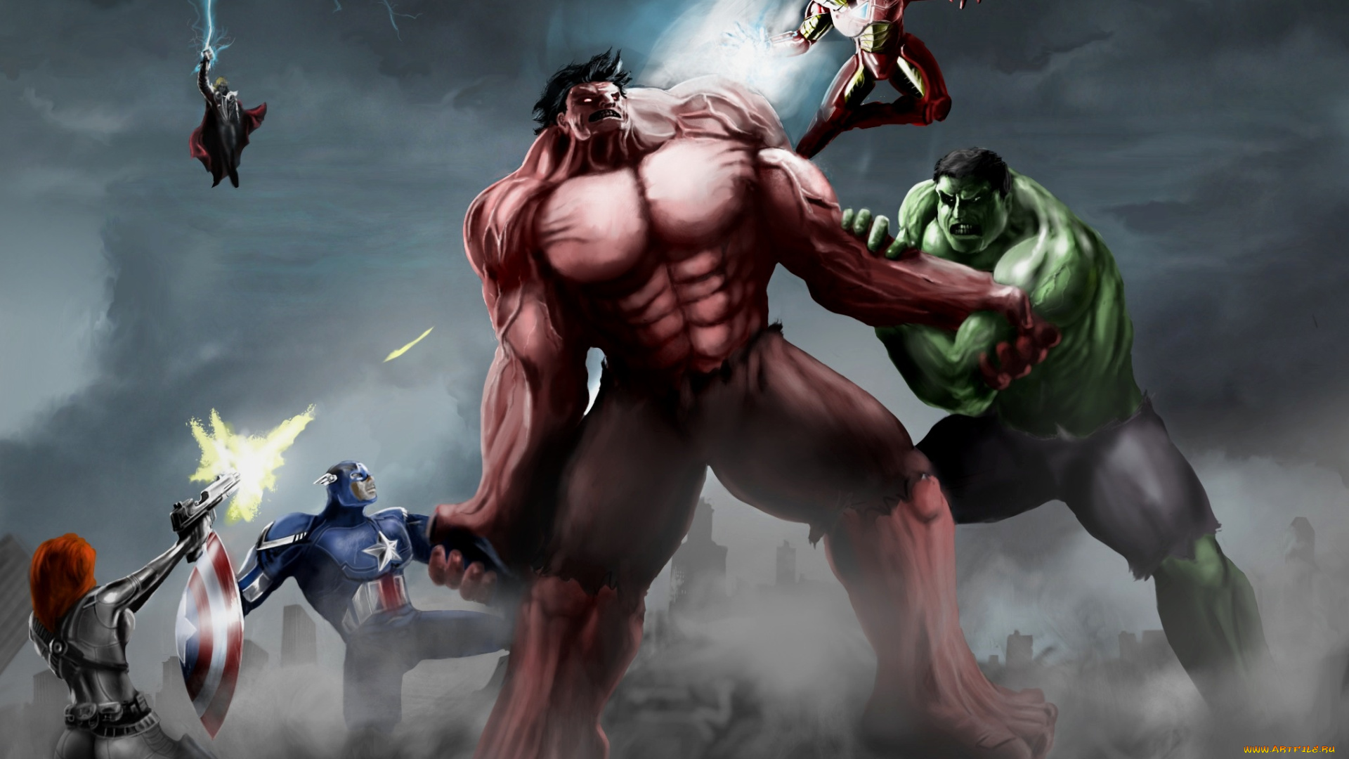 мстители, против, красного, халка, рисованные, комиксы, captain, america, thor, avengers, black, widow, iron, man, red, hulk