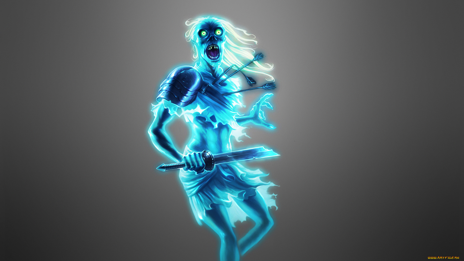 призрак, воин, фэнтези, призраки, стрелы, меч, воин, призрак, синий