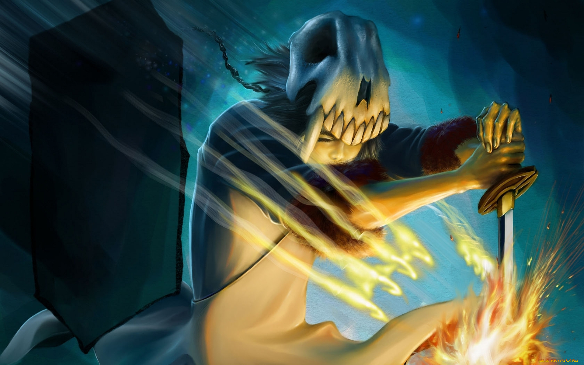 аниме, bleach, аранкар, свечение, парень, занпакто, меч, огонь, блич, череп