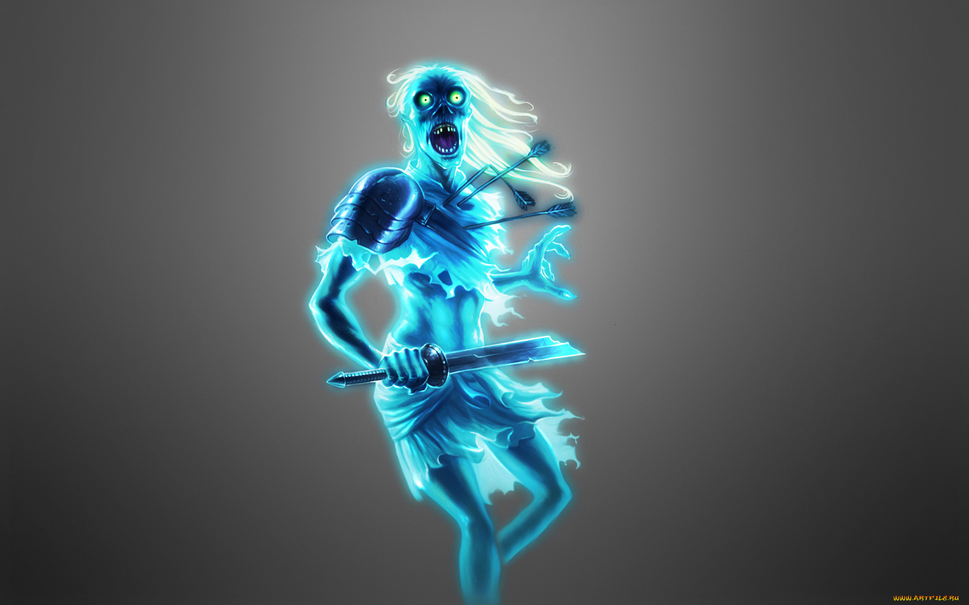 призрак, воин, фэнтези, призраки, стрелы, меч, воин, призрак, синий
