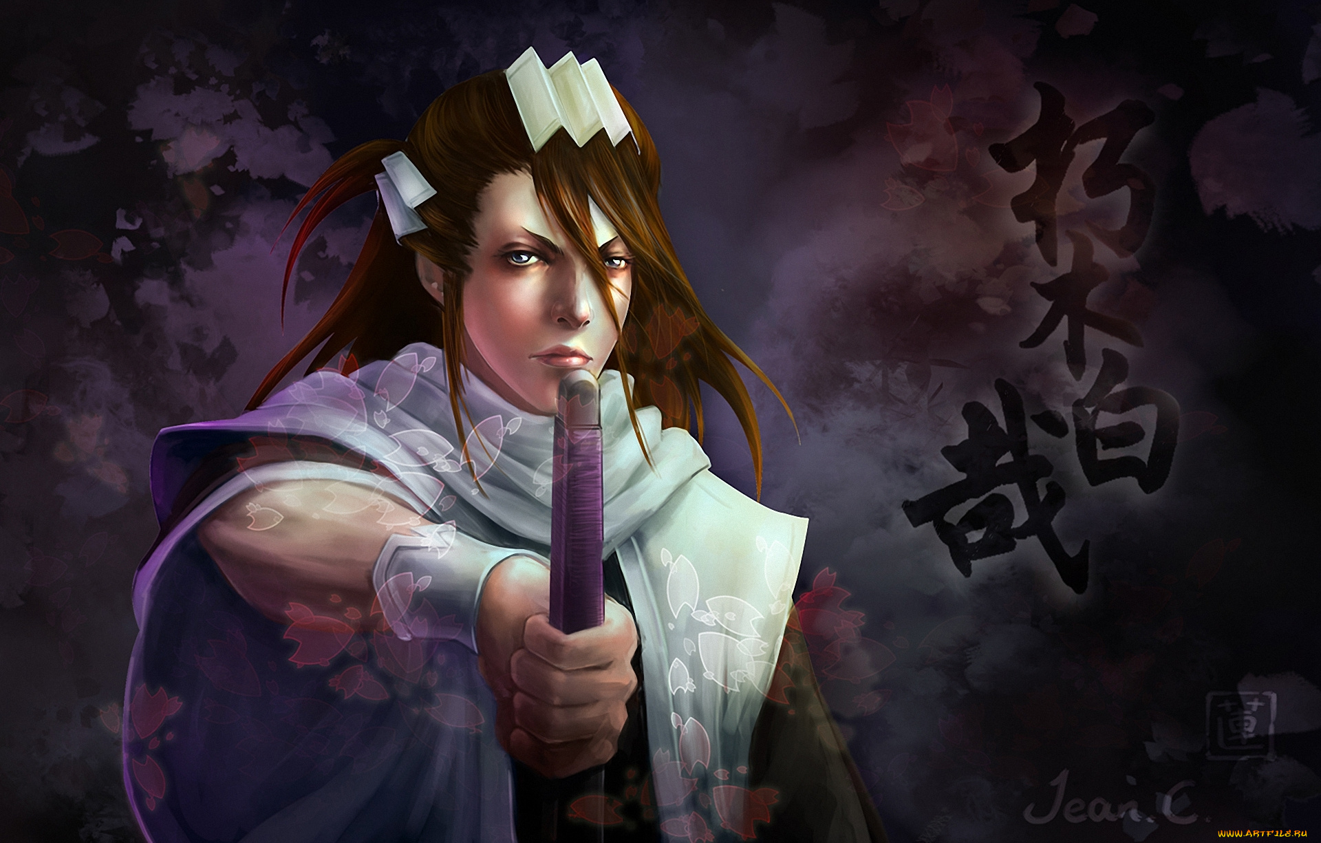 аниме, bleach, иероглифы, взгляд, парень, брюнет, блич, арт, капитан, кучики