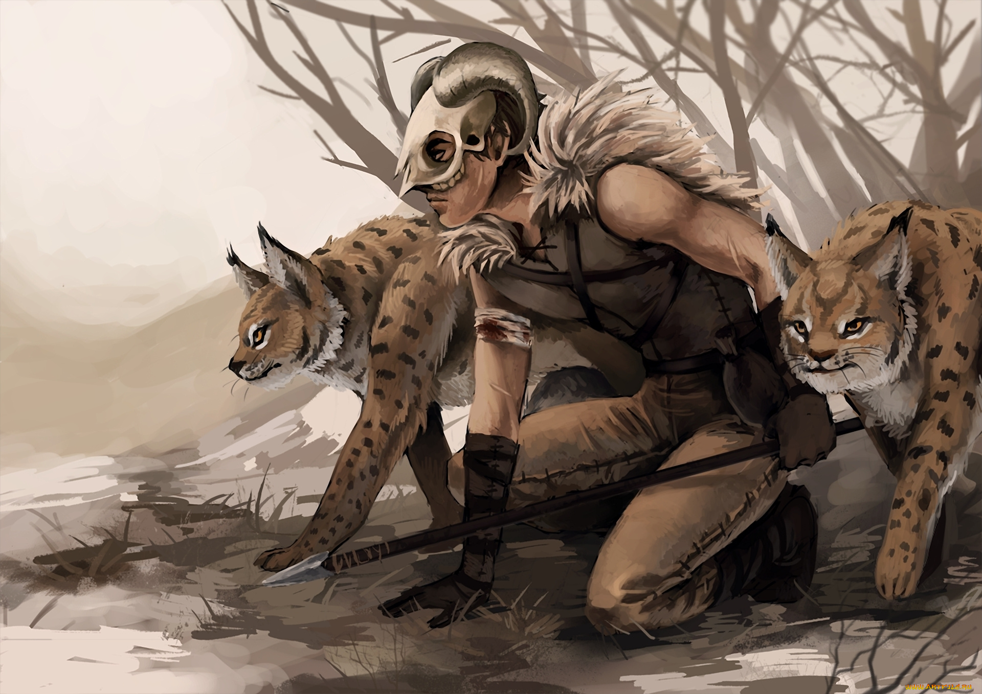 фэнтези, люди, засада, рысь, охотник, мужчина