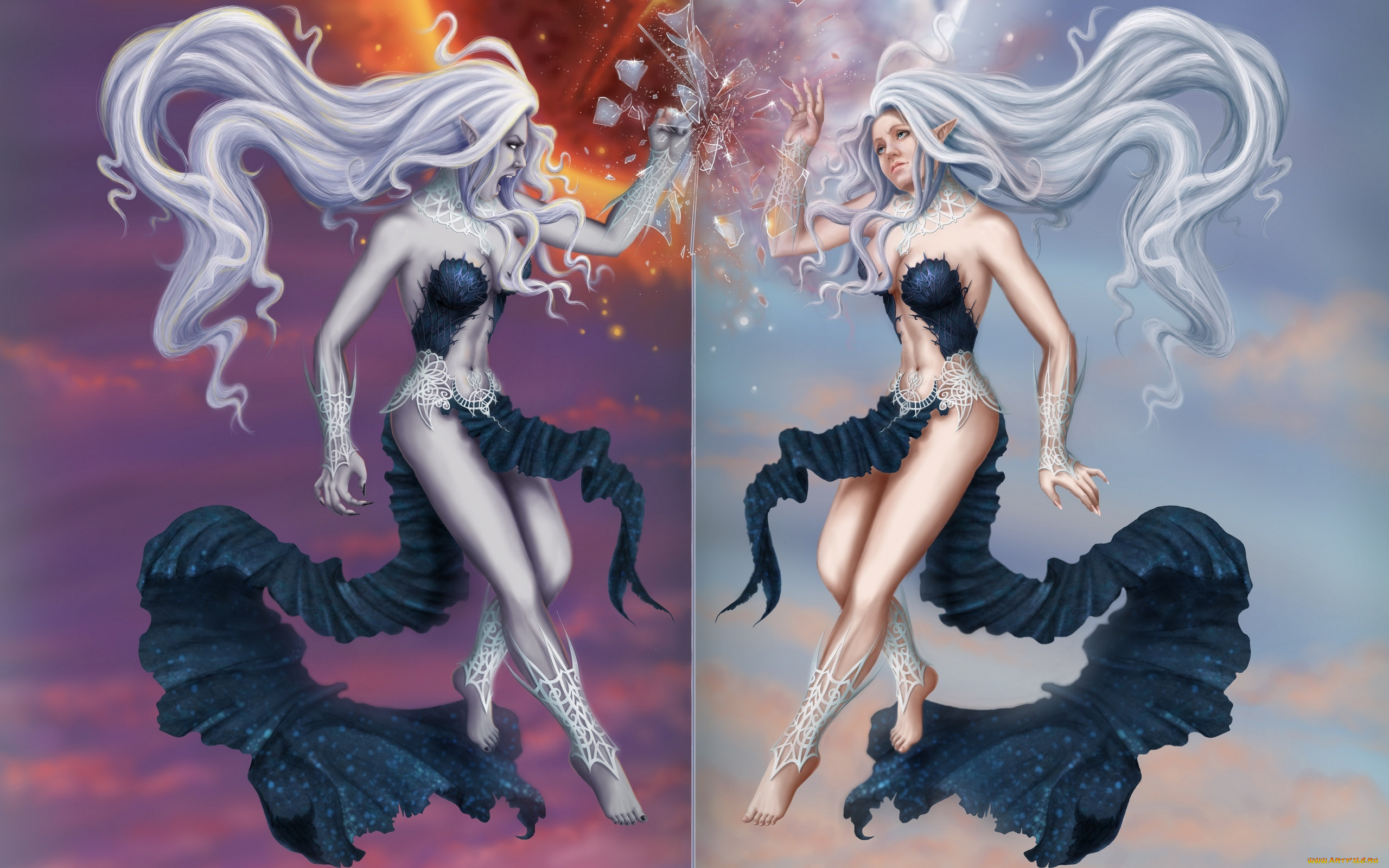 фэнтези, эльфы, стекло, девушки, солнце, две, злость, волосы