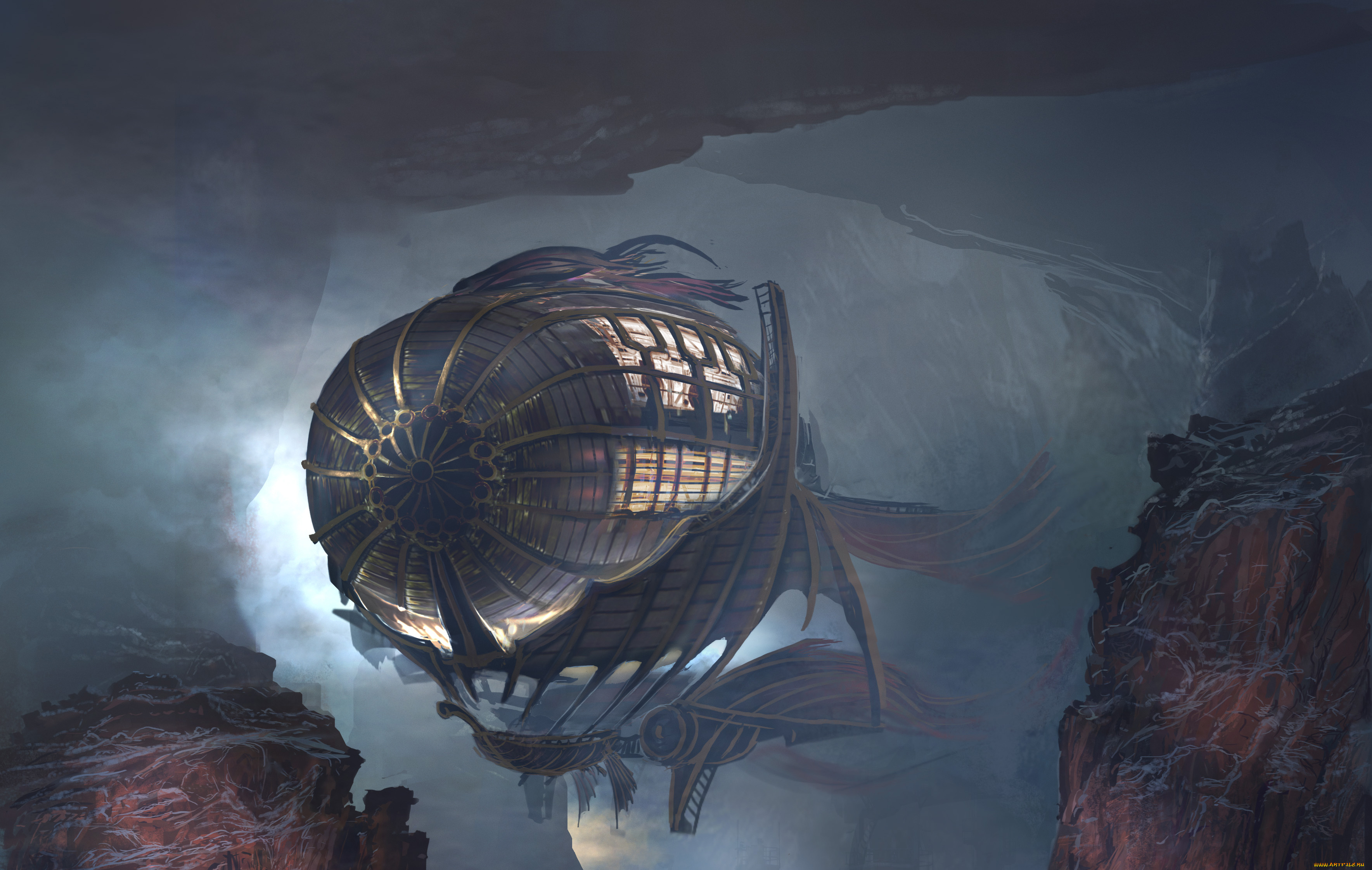 фэнтези, -временный, , не, выбирать, скалы, каньон, дирижабль, иной, мир