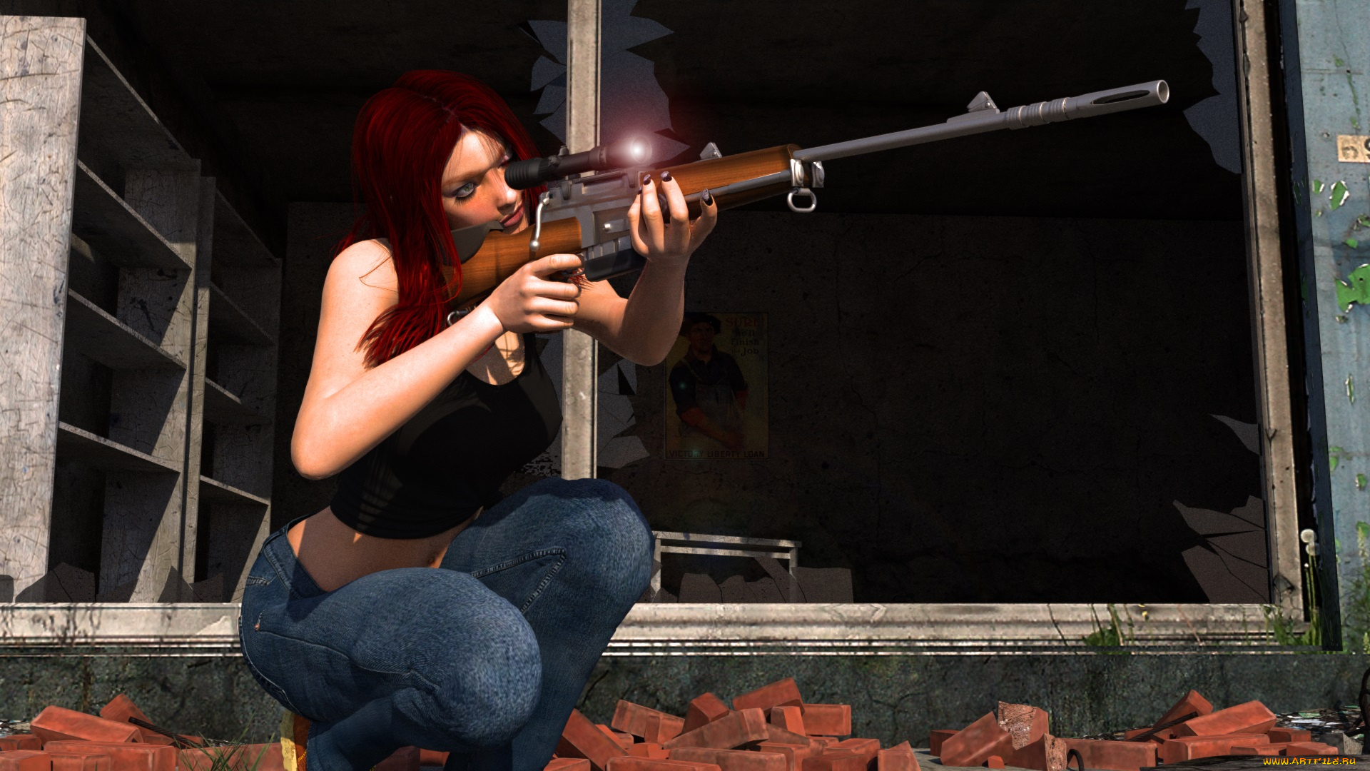 3д, графика, люди, , people, взгляд, оружие, девушка, фон