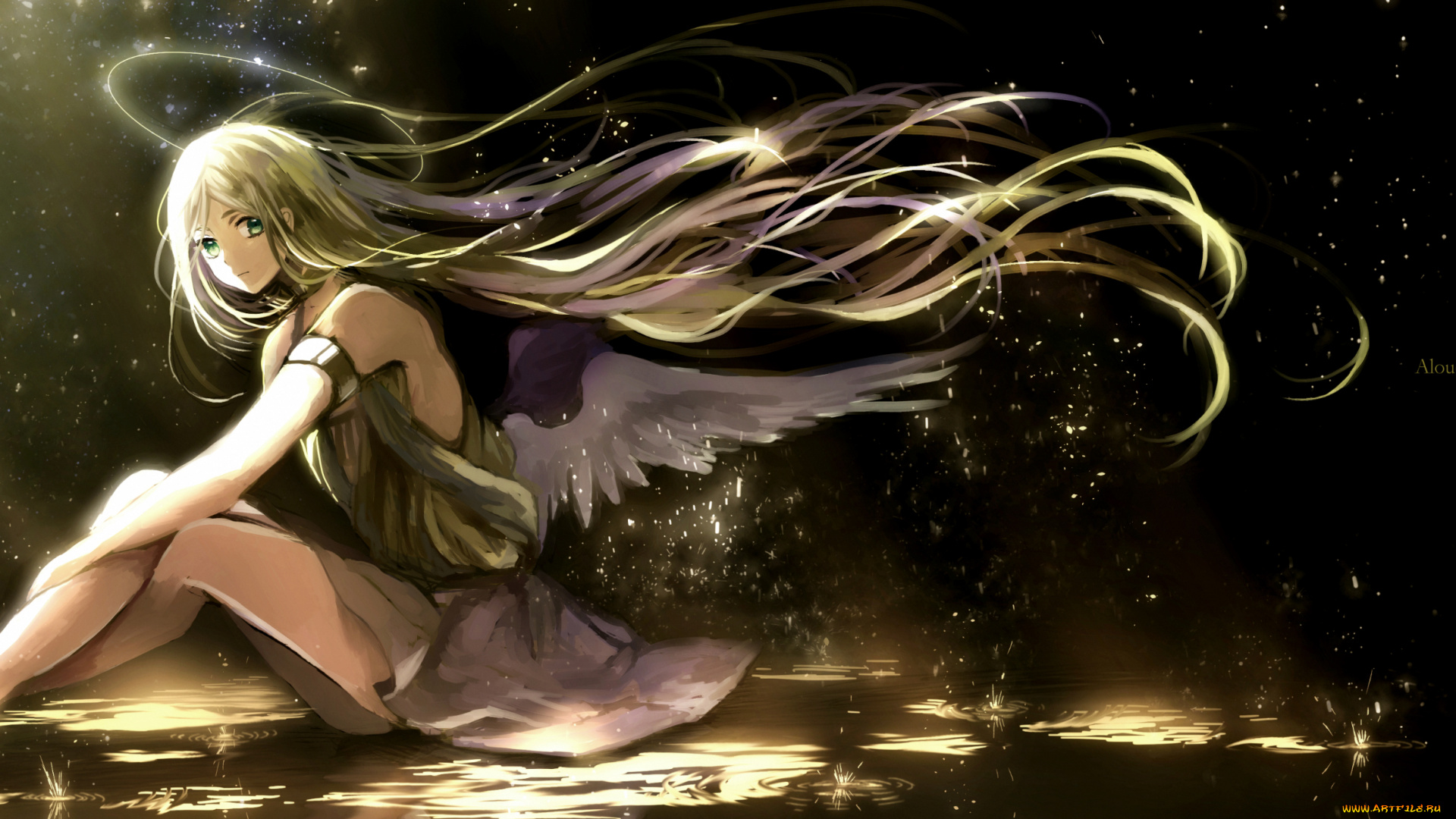 аниме, ангелы, , демоны, canarinu, kmes, блики, капли, ангел, девушка, свет, платье, крылья