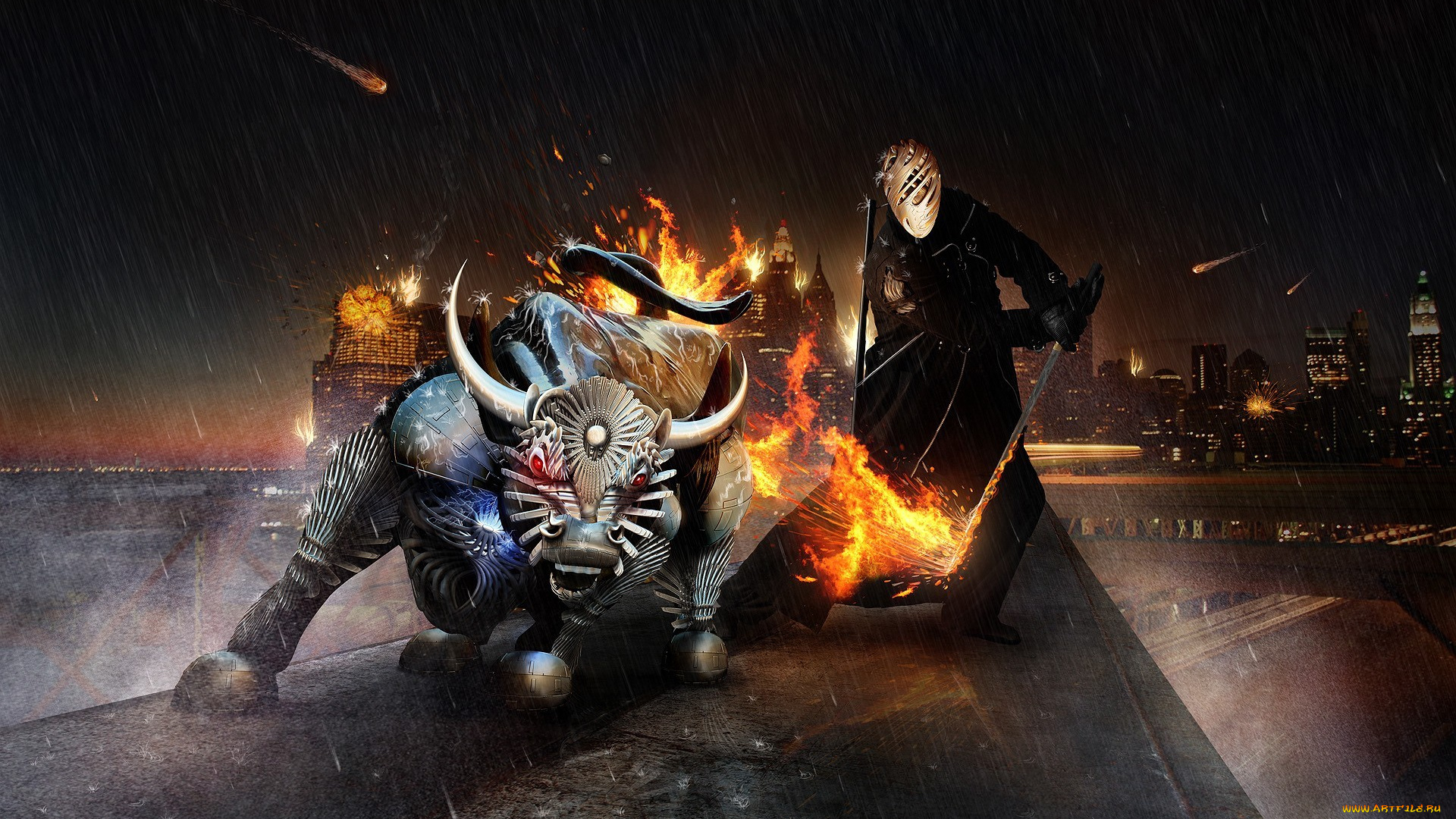 фэнтези, фотоарт, огонь, дождь, город, воин, тореадор, бык