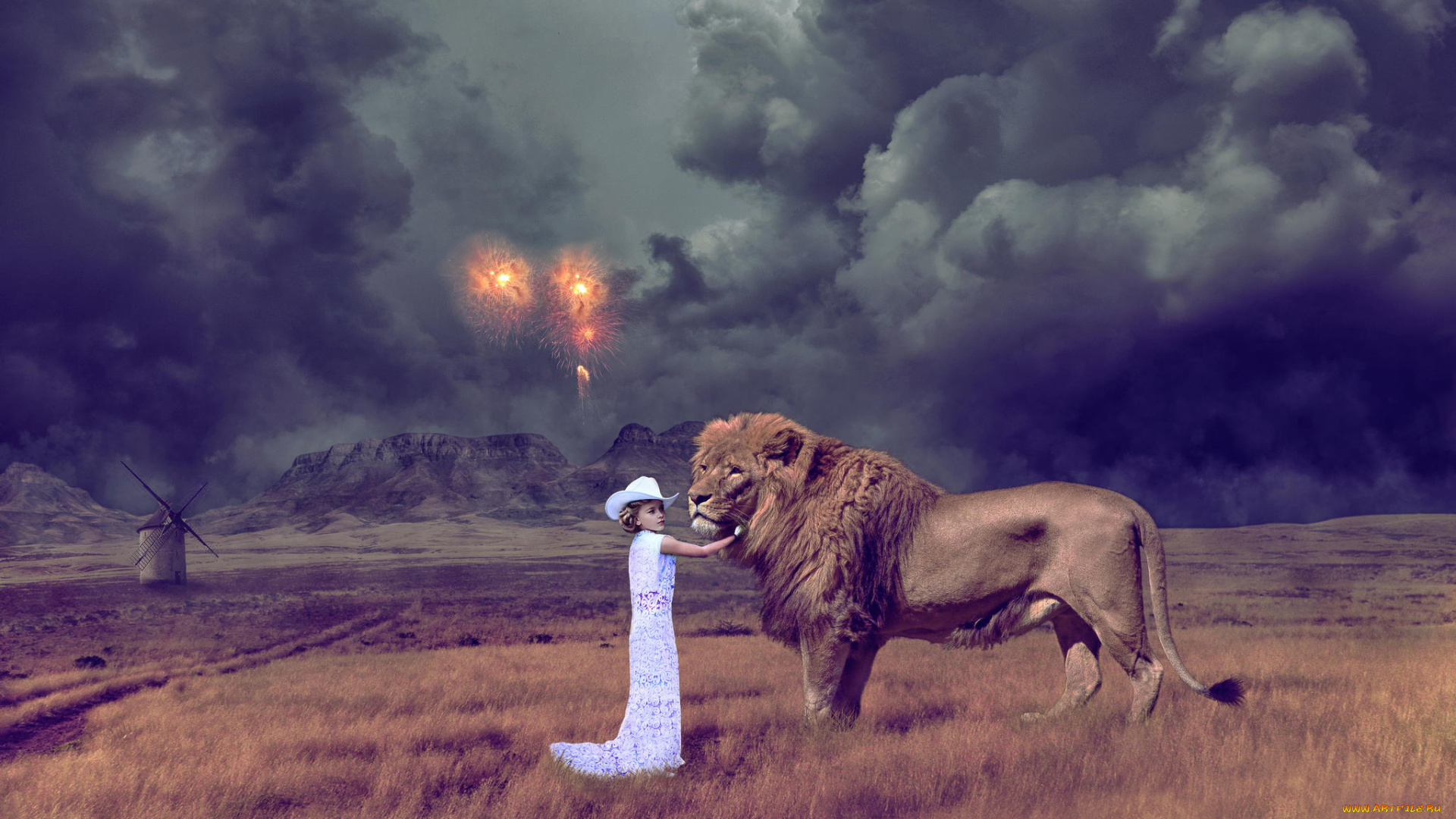 фэнтези, фотоарт, салют, поле, тучи, лев, девушка