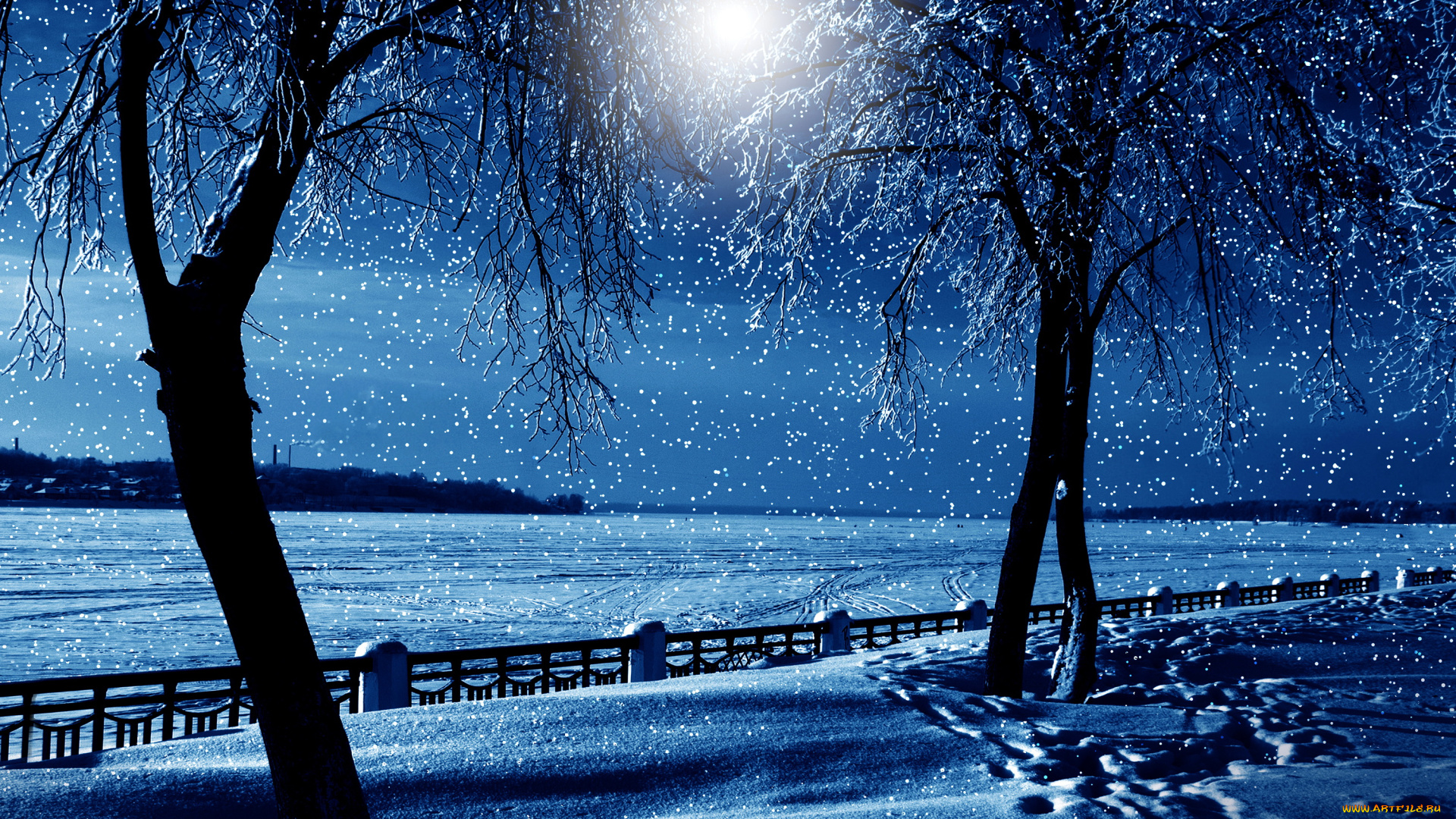 природа, зима, луна, забор, деревья, снег