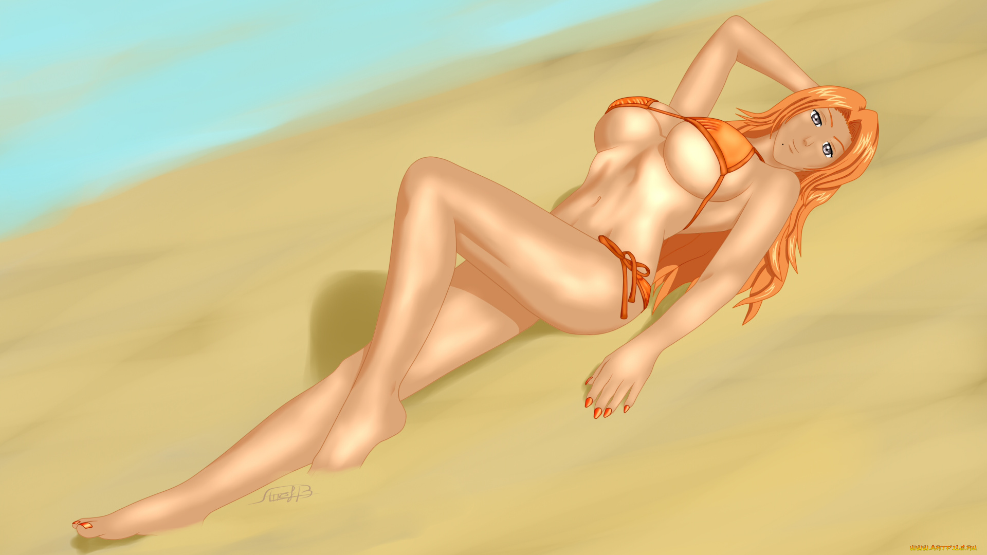 рисованное, люди, фон, взгляд, девушка, пляж