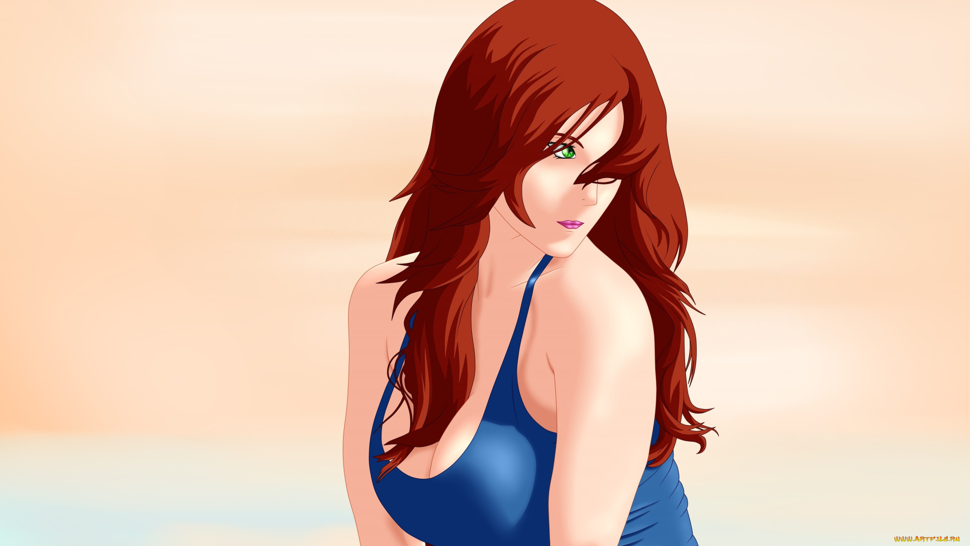 векторная, графика, девушки, взгляд, девушка, рыжая, фон