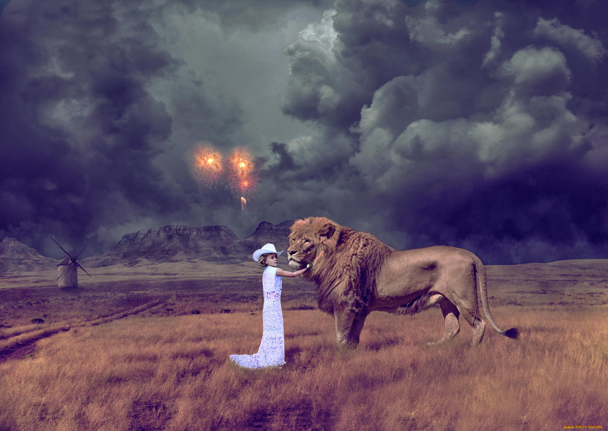 фэнтези, фотоарт, салют, поле, тучи, лев, девушка