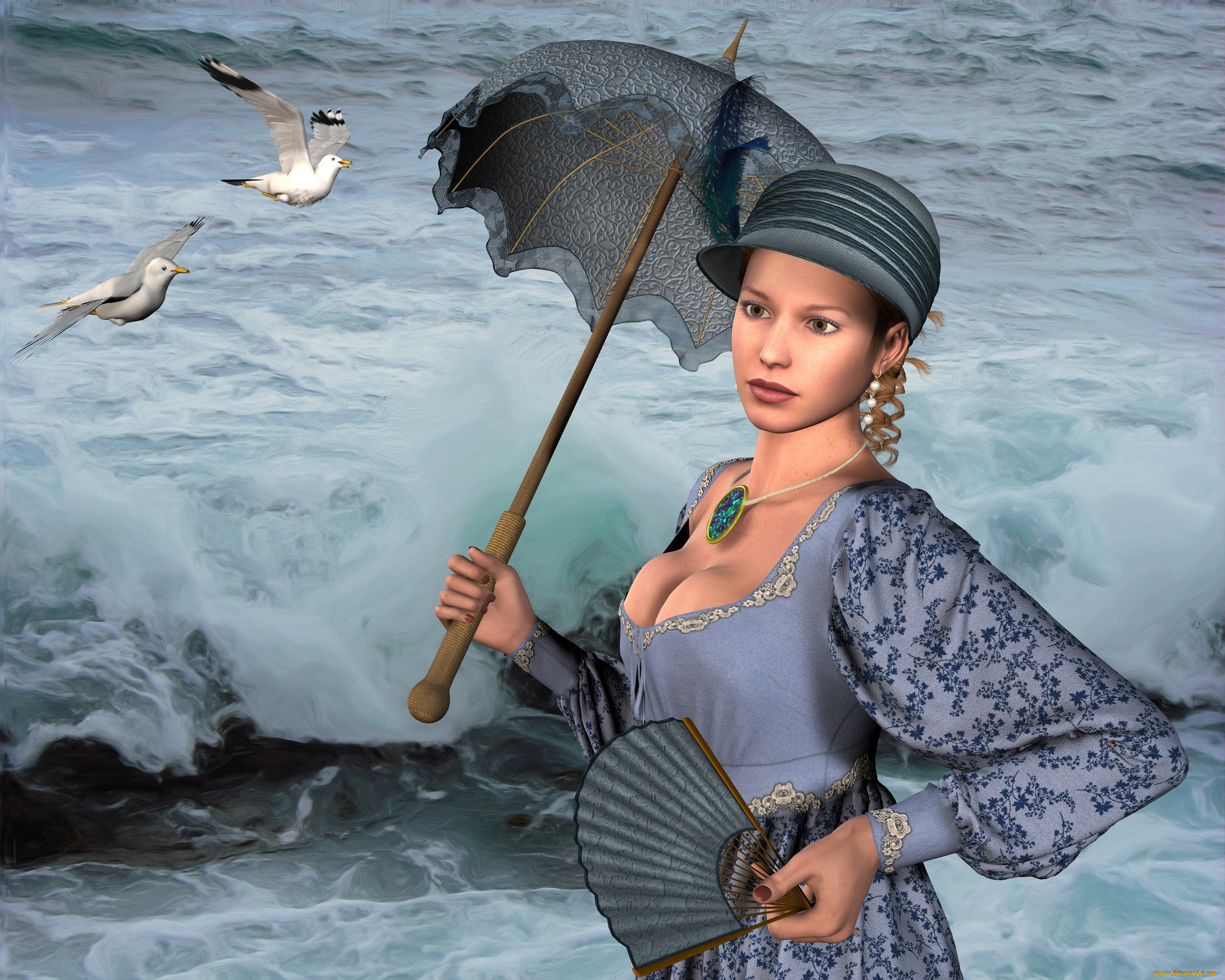 3д, графика, люди, , people, зонтик, фон, взгляд, девушка