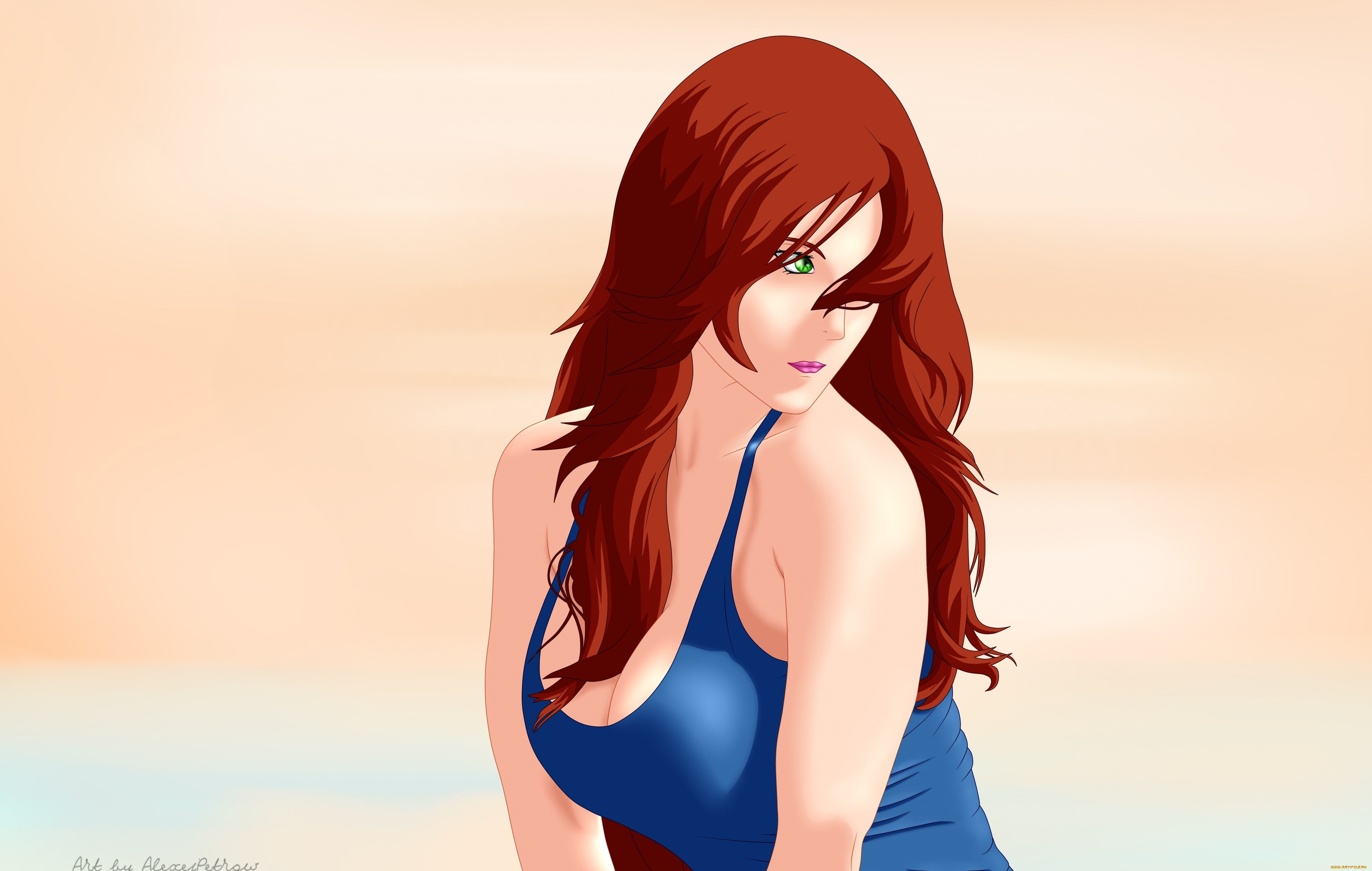 векторная, графика, девушки, взгляд, девушка, рыжая, фон