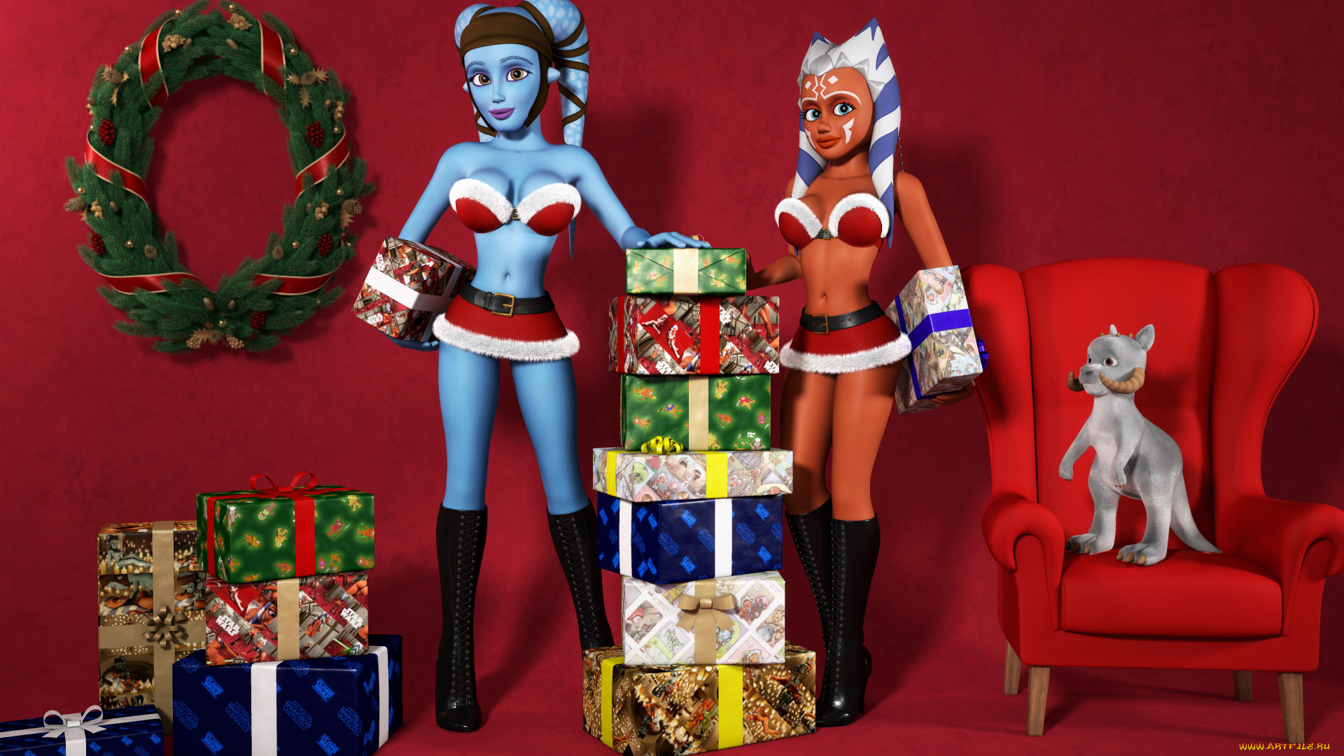 3д, графика, ___, фон, подарки, персонаж, венок