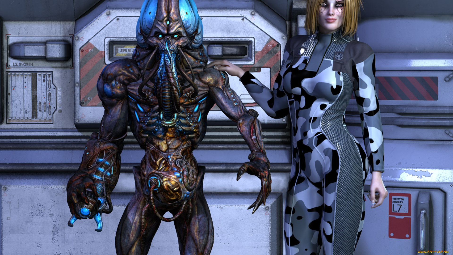 3д, графика, фантазия, , fantasy, девушка, существо, фон, взгляд