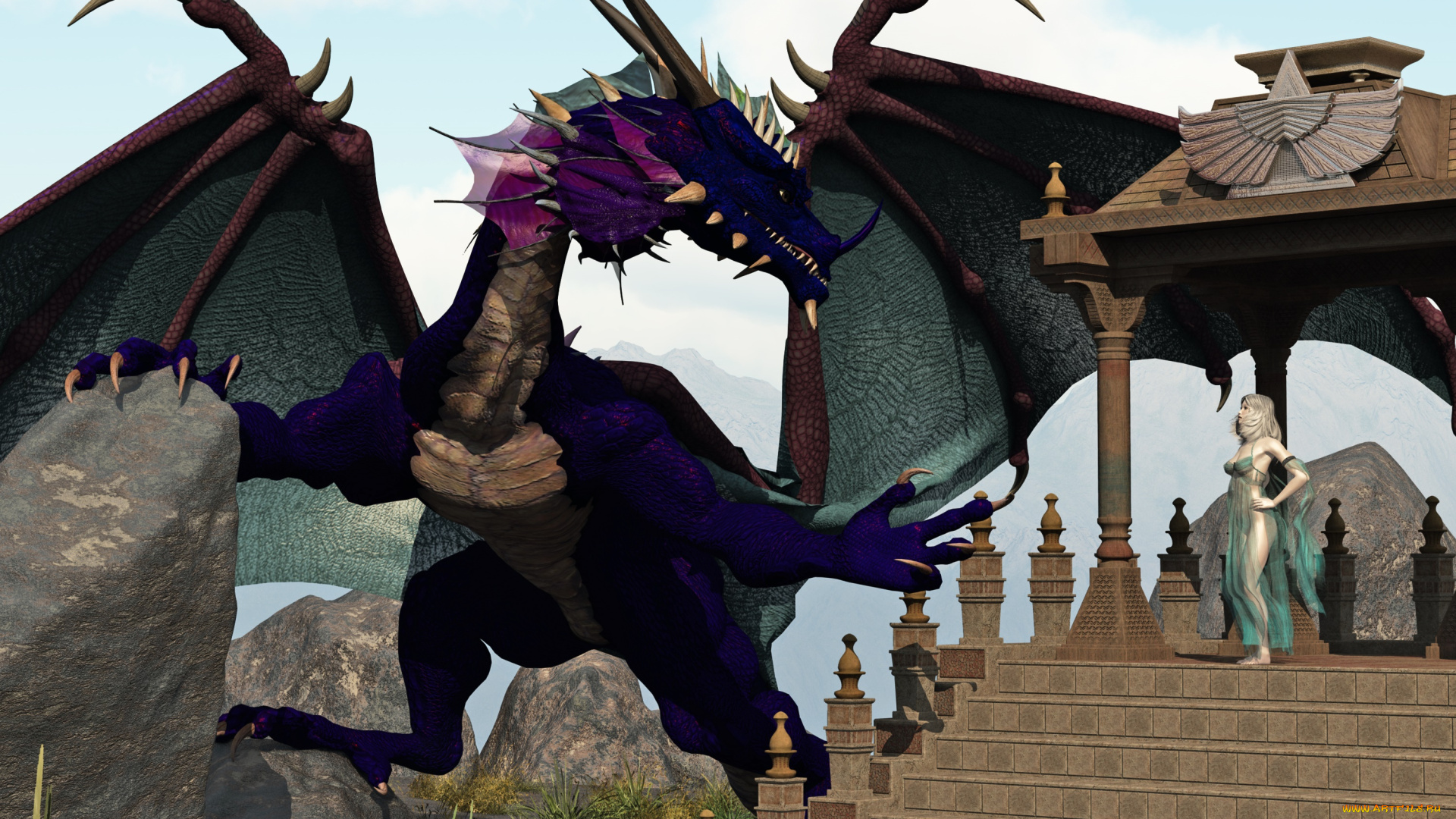 3д, графика, фантазия, , fantasy, дракон, фон, взгляд, девушка