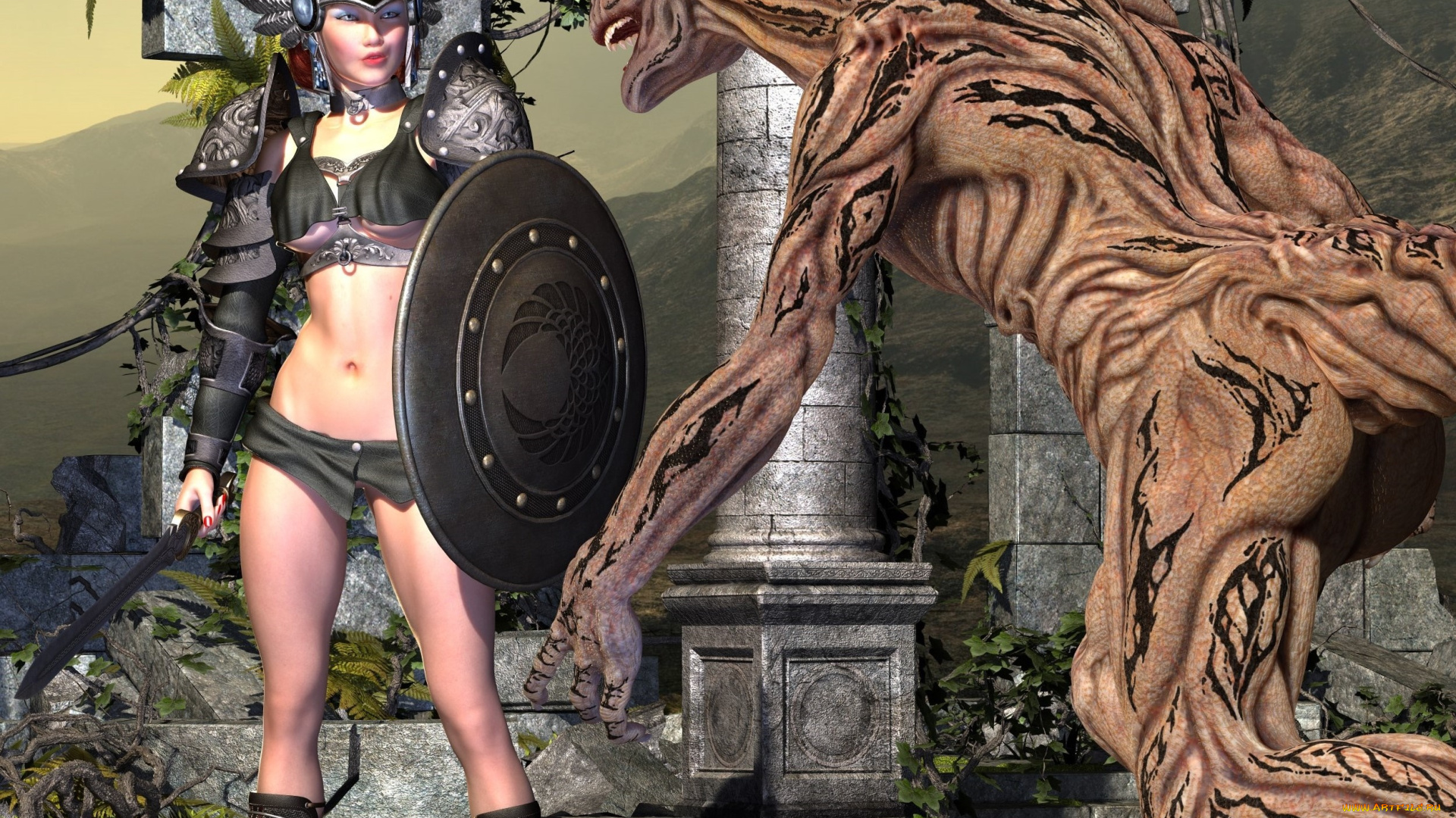 3д, графика, фантазия, , fantasy, существо, оружие, фон, взгляд, девушка