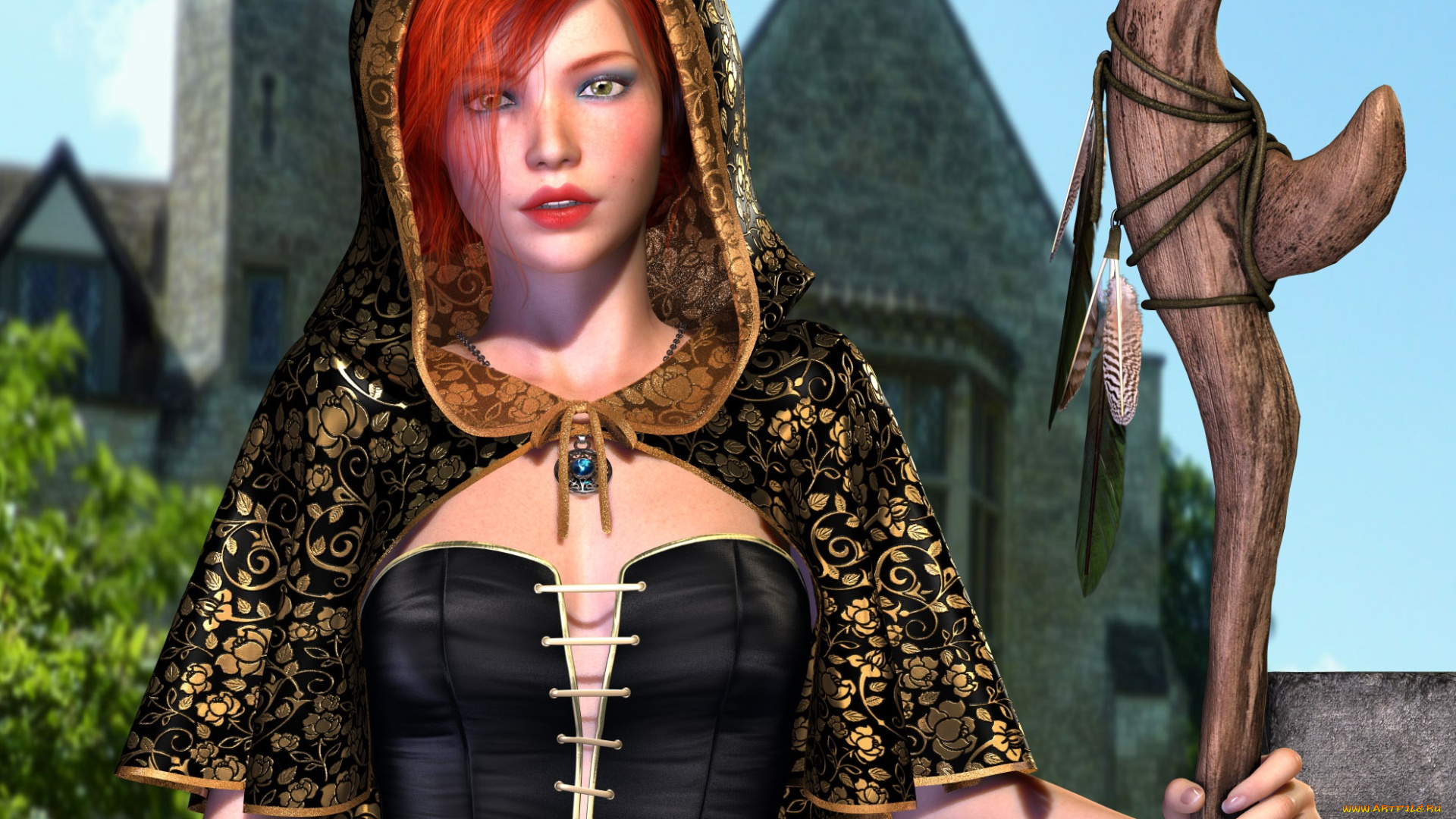 3д, графика, фантазия, , fantasy, тандем, рыжая, фон, взгляд, девушка