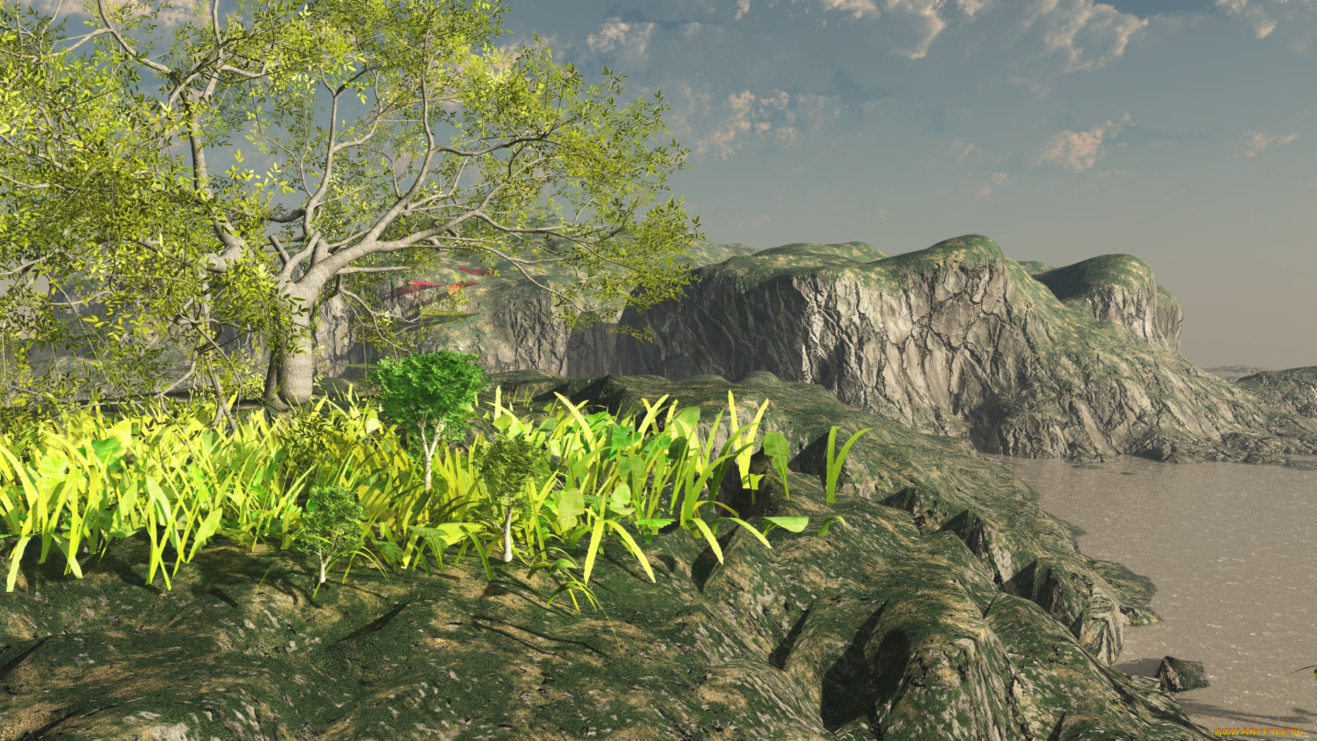 3д, графика, природа, , nature, горы, дерево, облака