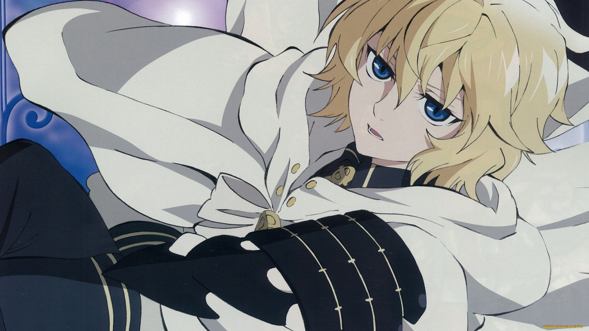 аниме, owari, no, seraph, owari, no, seraph, art, yamato, yamamoto, последний, серафим, michaela, hyakuya, вампир, военная, форма, плащ, голубые, глаза