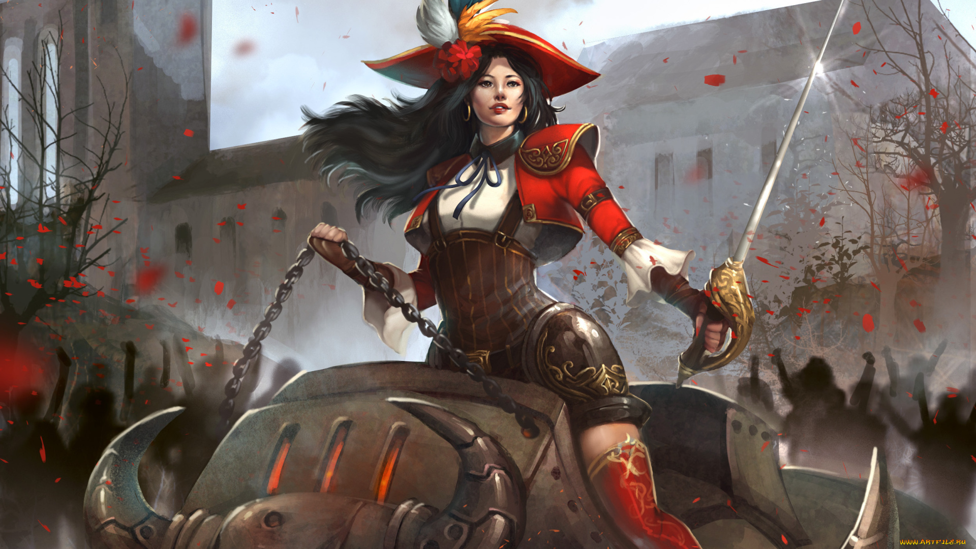 фэнтези, девушки, steampunk, арт, девушка, шпага, шляпа, перо, робот