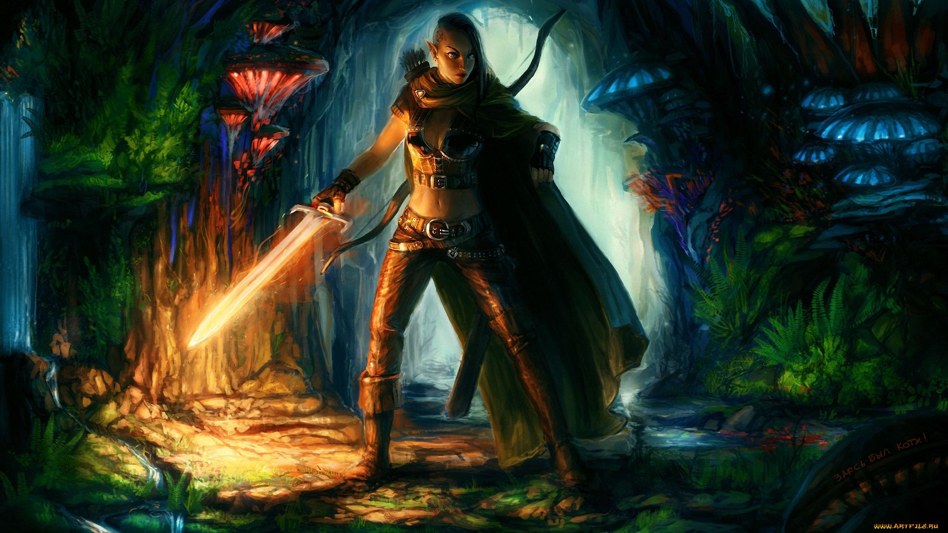 фэнтези, эльфы, арт, девушка, меч, горящий, лук, грибы, пещера, плащ