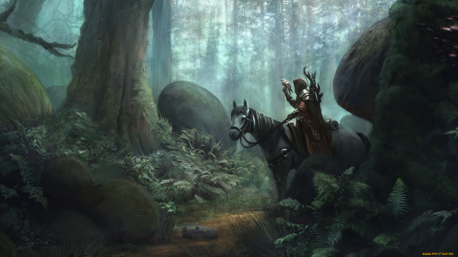 фэнтези, люди, наездник, лес, арт, конь, птица, деревья, охотник, сокол