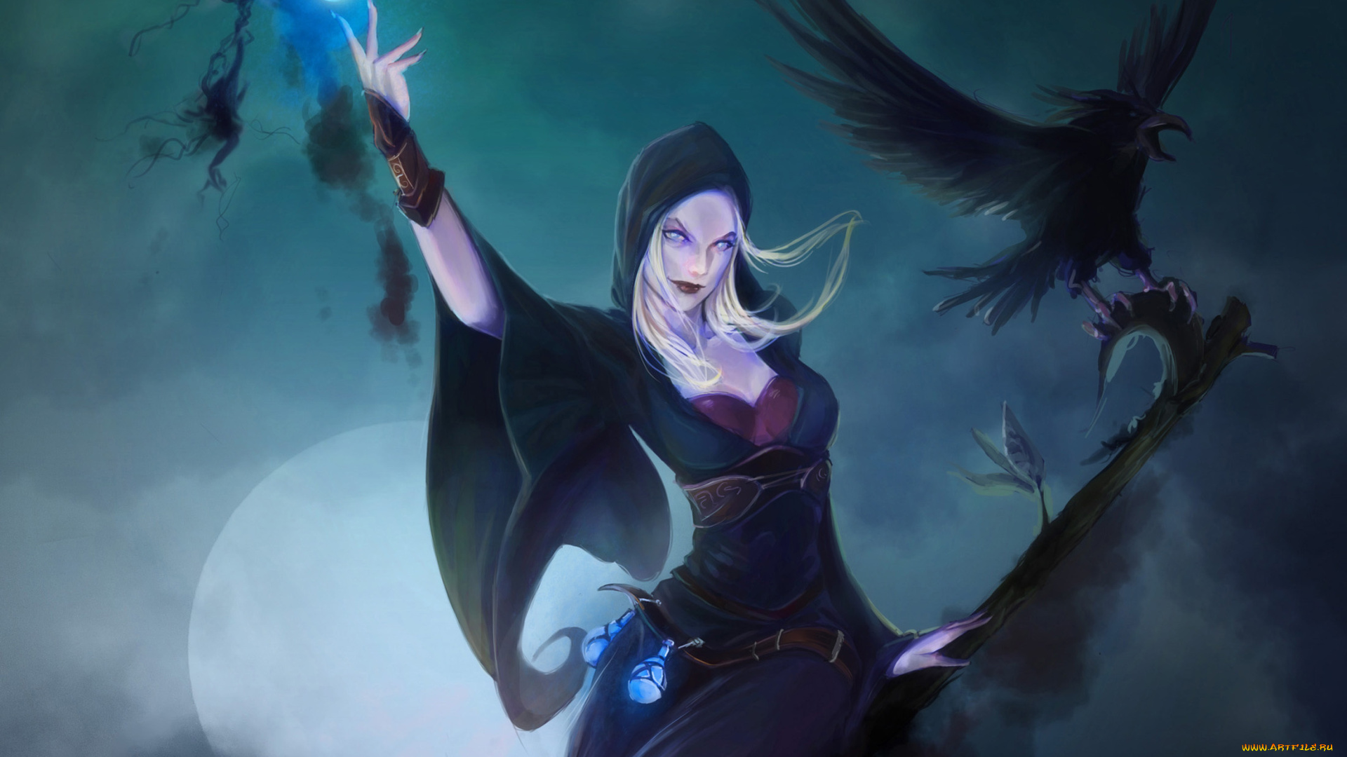 фэнтези, магия, фантастика, арт, ведьма, взгляд, капьшон, ворон, дым