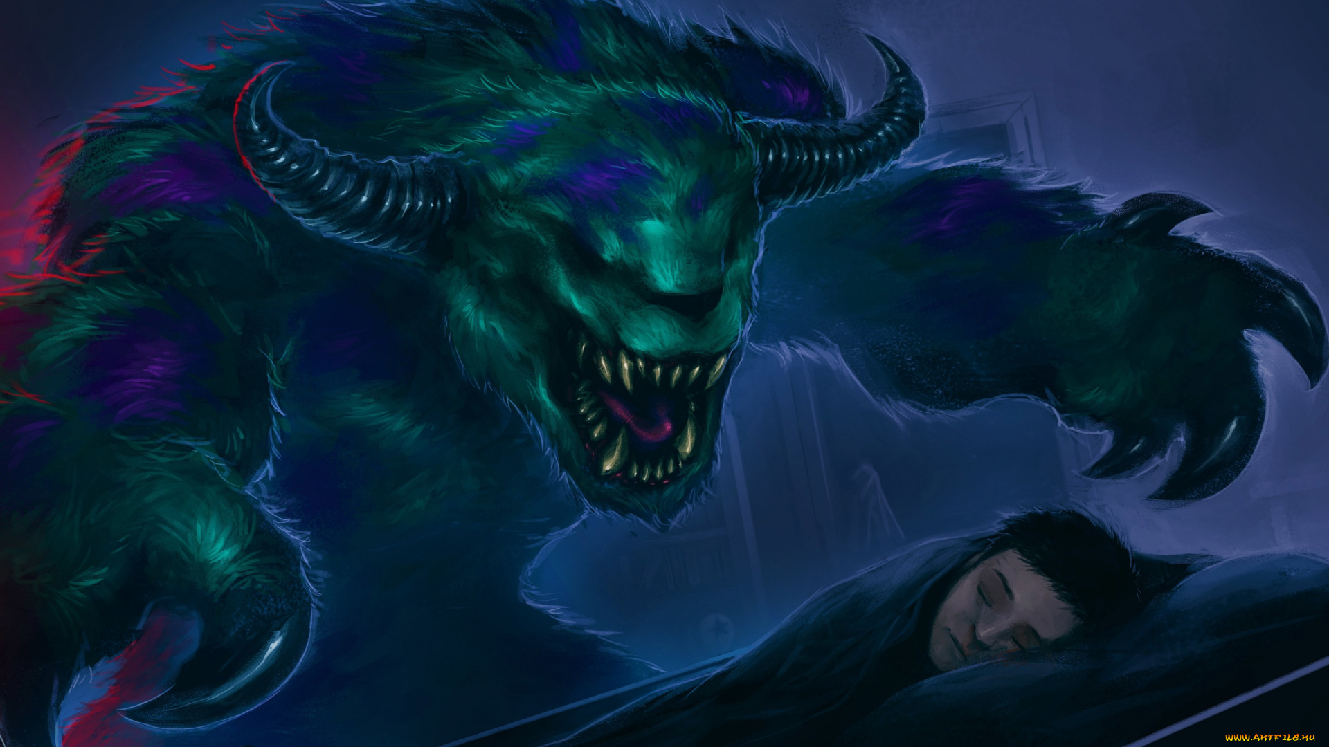 фэнтези, существа, sully, monsters, inc, монстер, сон, арт, мальчик, спит, кровать, ночь