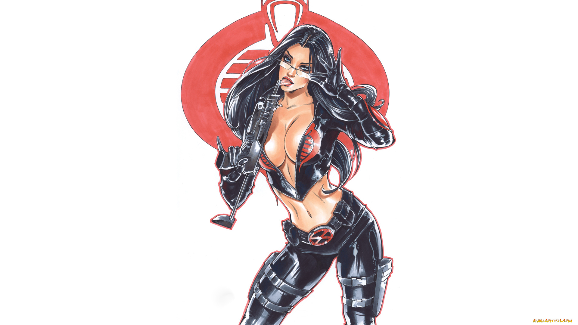 рисованное, комиксы, автомат, взгляд, фон, девушка, очки